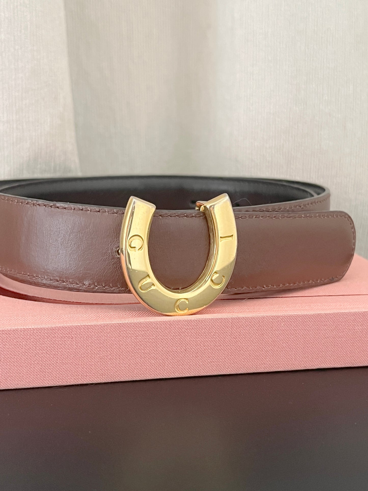 Gucci馬蹄金色皮帶扣罕有雙面啡黑色皮帶 日本中古二手Vintage