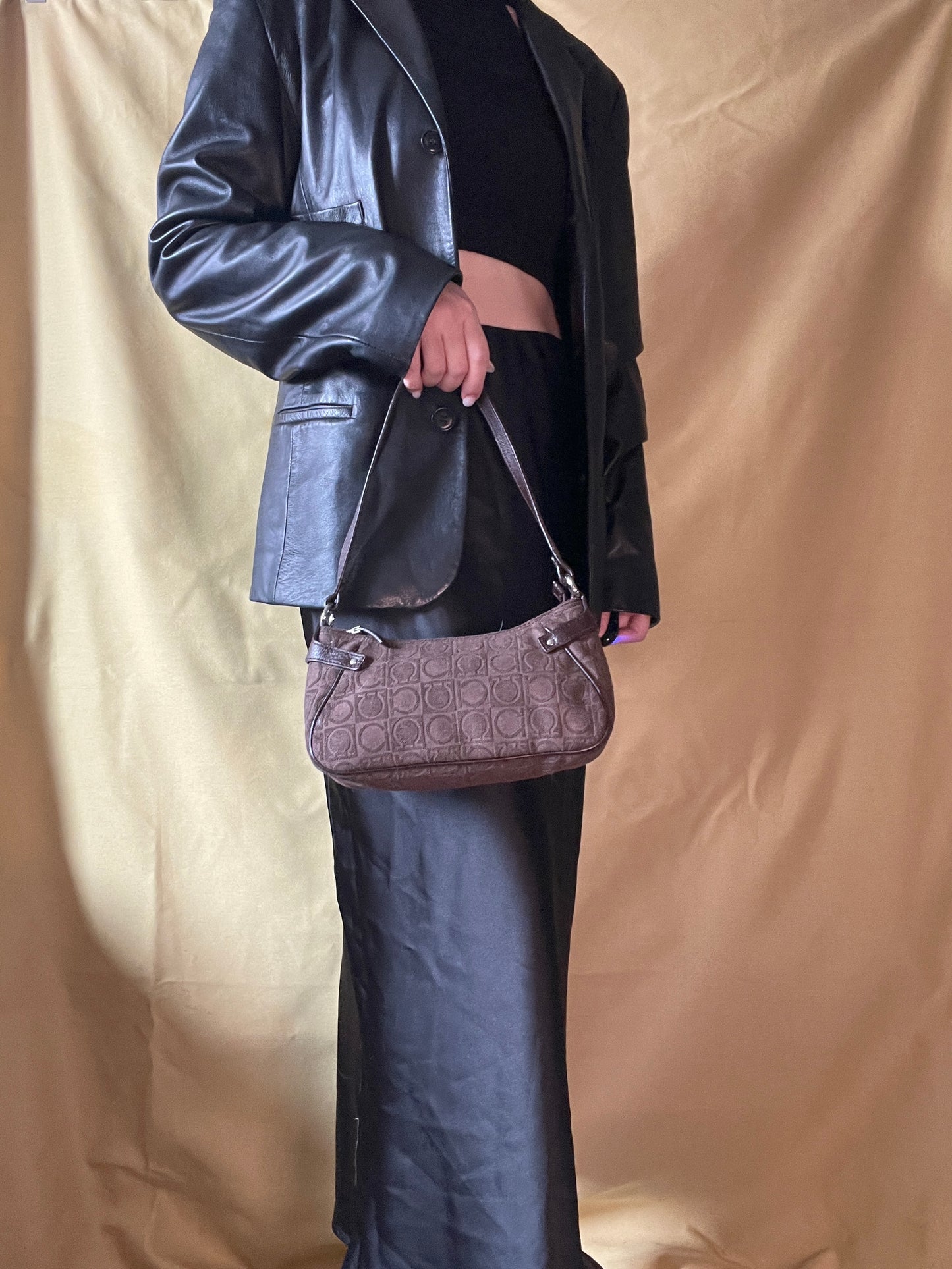 Ferragamo Gancini-print Shoulder Bag中古馬蹄扣啡色腋下包手提袋