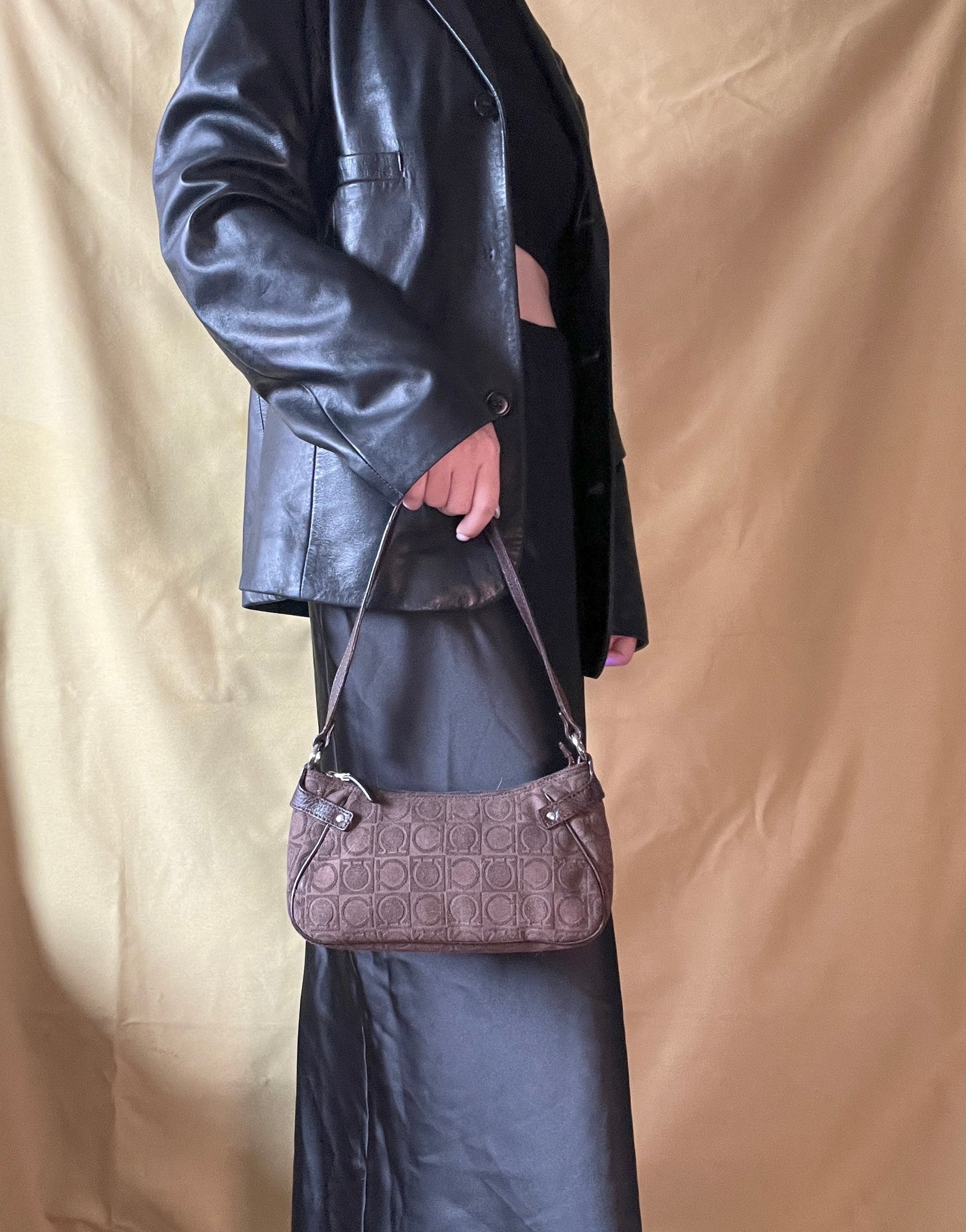 Ferragamo Gancini-print Shoulder Bag中古馬蹄扣啡色腋下包手提袋