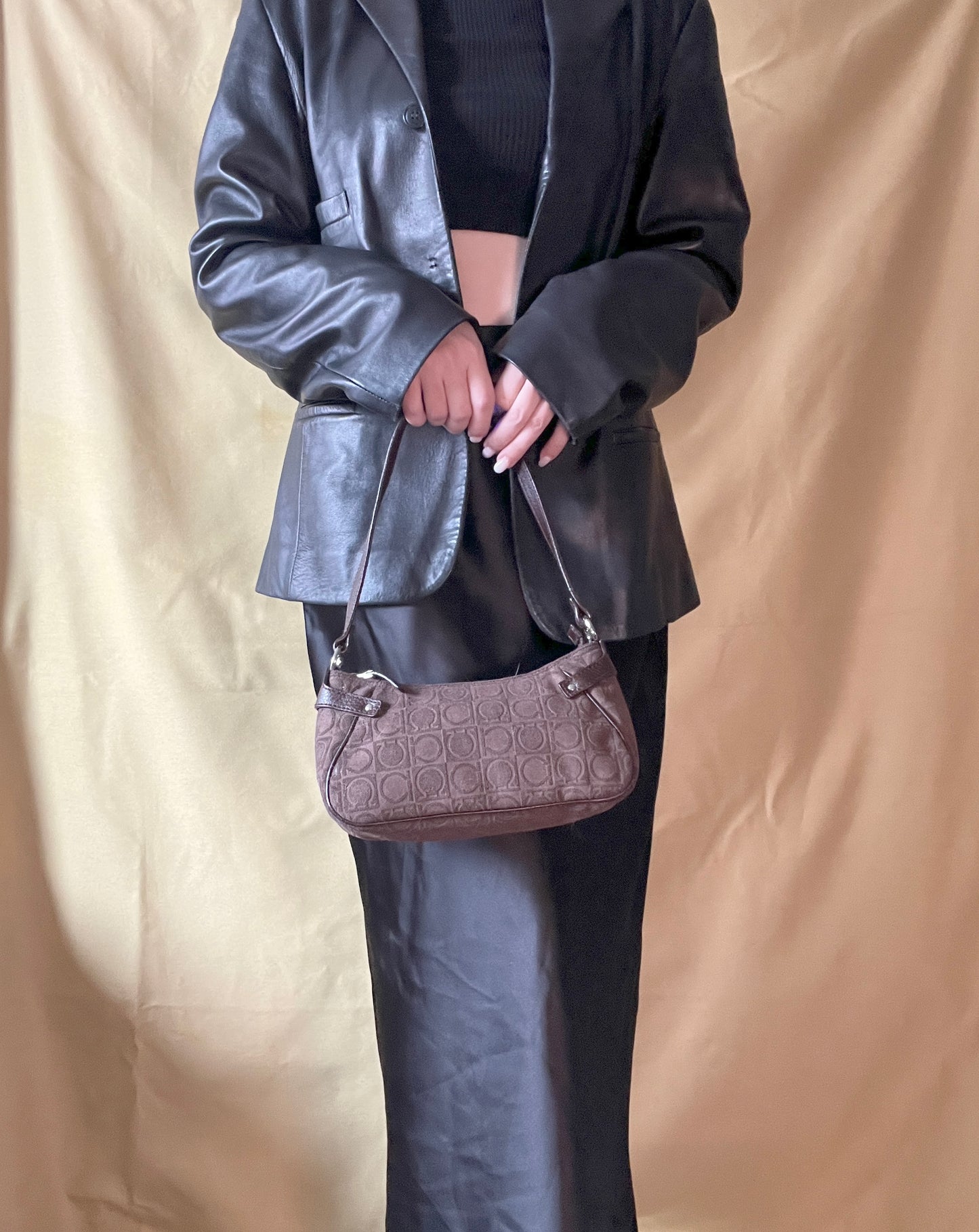 Ferragamo Gancini-print Shoulder Bag中古馬蹄扣啡色腋下包手提袋