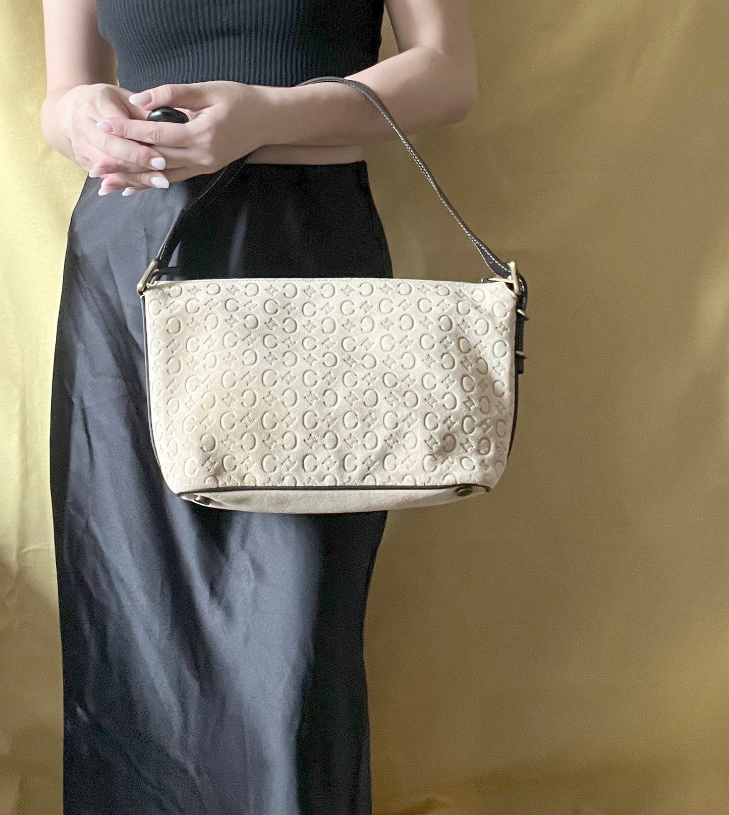 CELINE C Macadam 麂皮絨面米色肩背包手提袋
