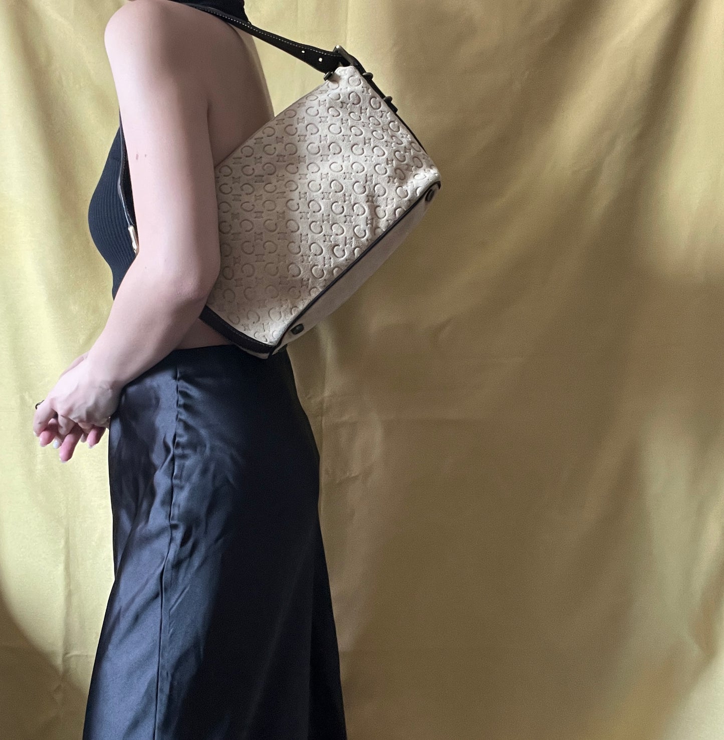 CELINE C Macadam 麂皮絨面米色肩背包手提袋