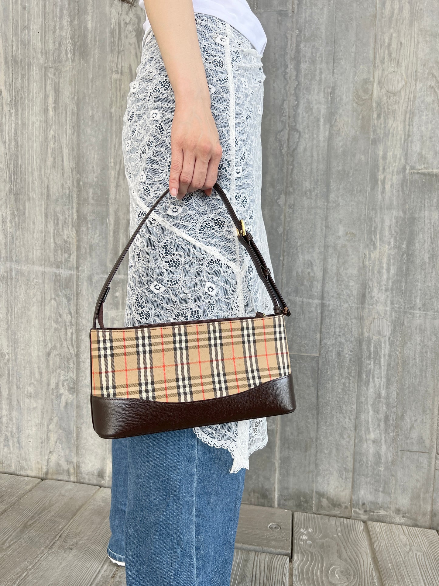 Burberry經典格仔戰馬長形啡色腋下包手提肩背袋 日本中古