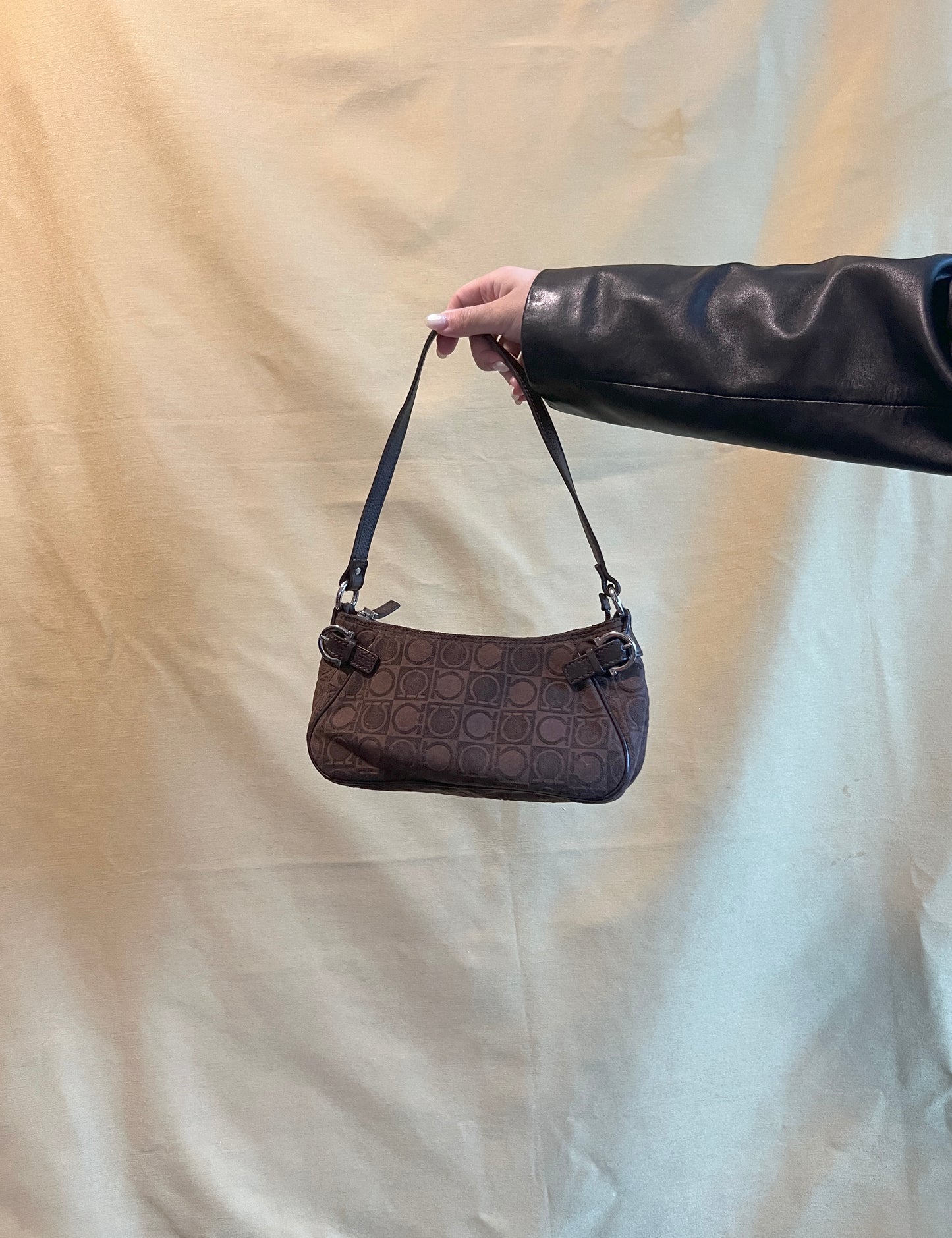 Ferragamo Gancini-print Shoulder Bag中古馬蹄扣啡色腋下包手提袋