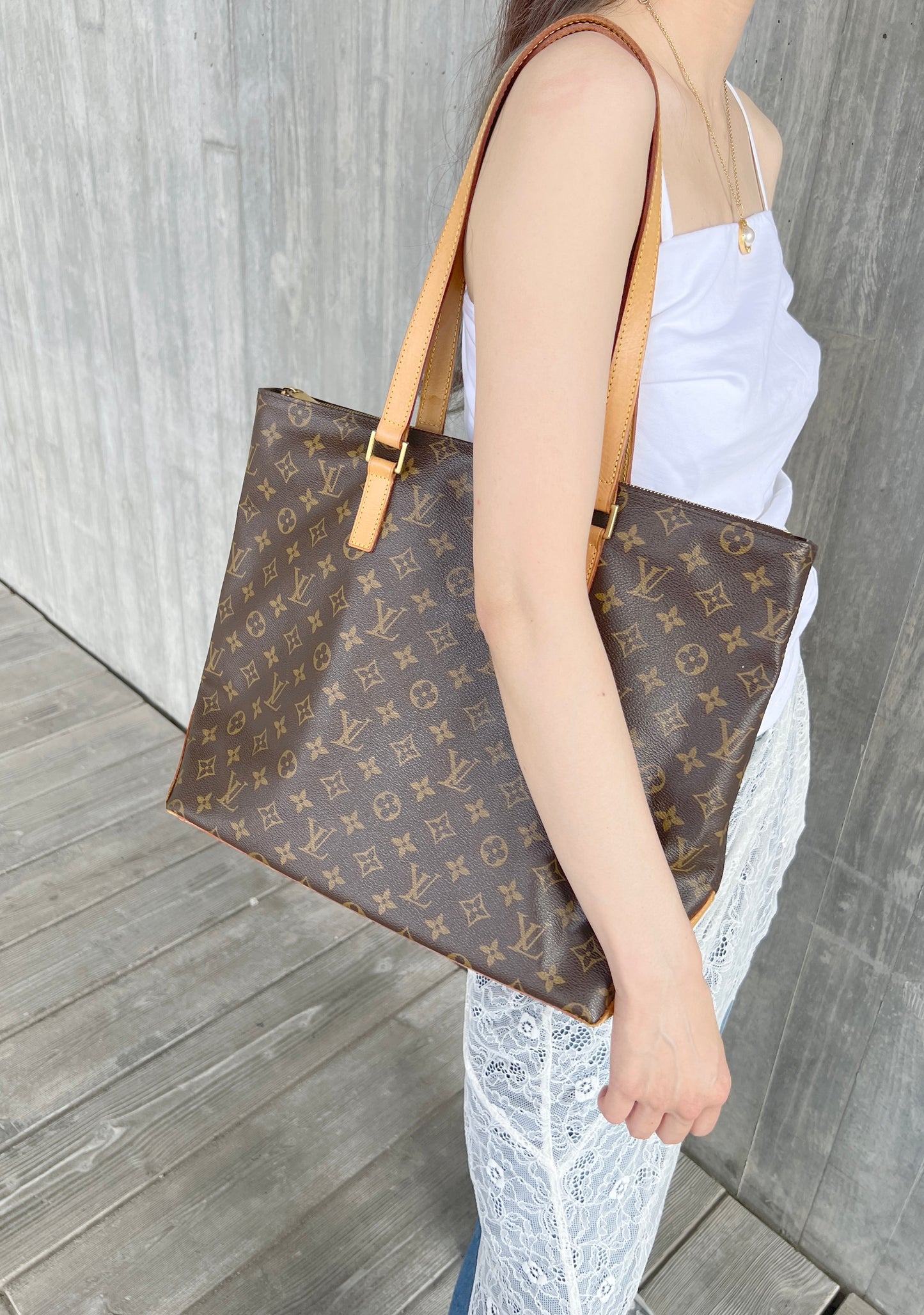 LV Cabas Mezzo啡色老花大容量手提肩背則肩包