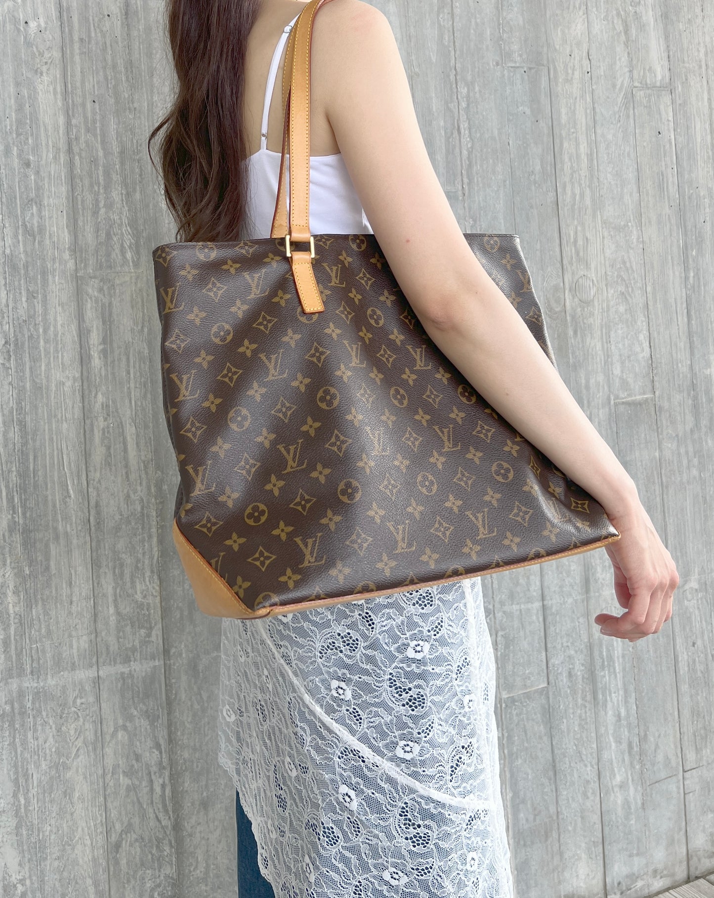 LV Cabas Mezzo啡色老花大容量手提肩背則肩包