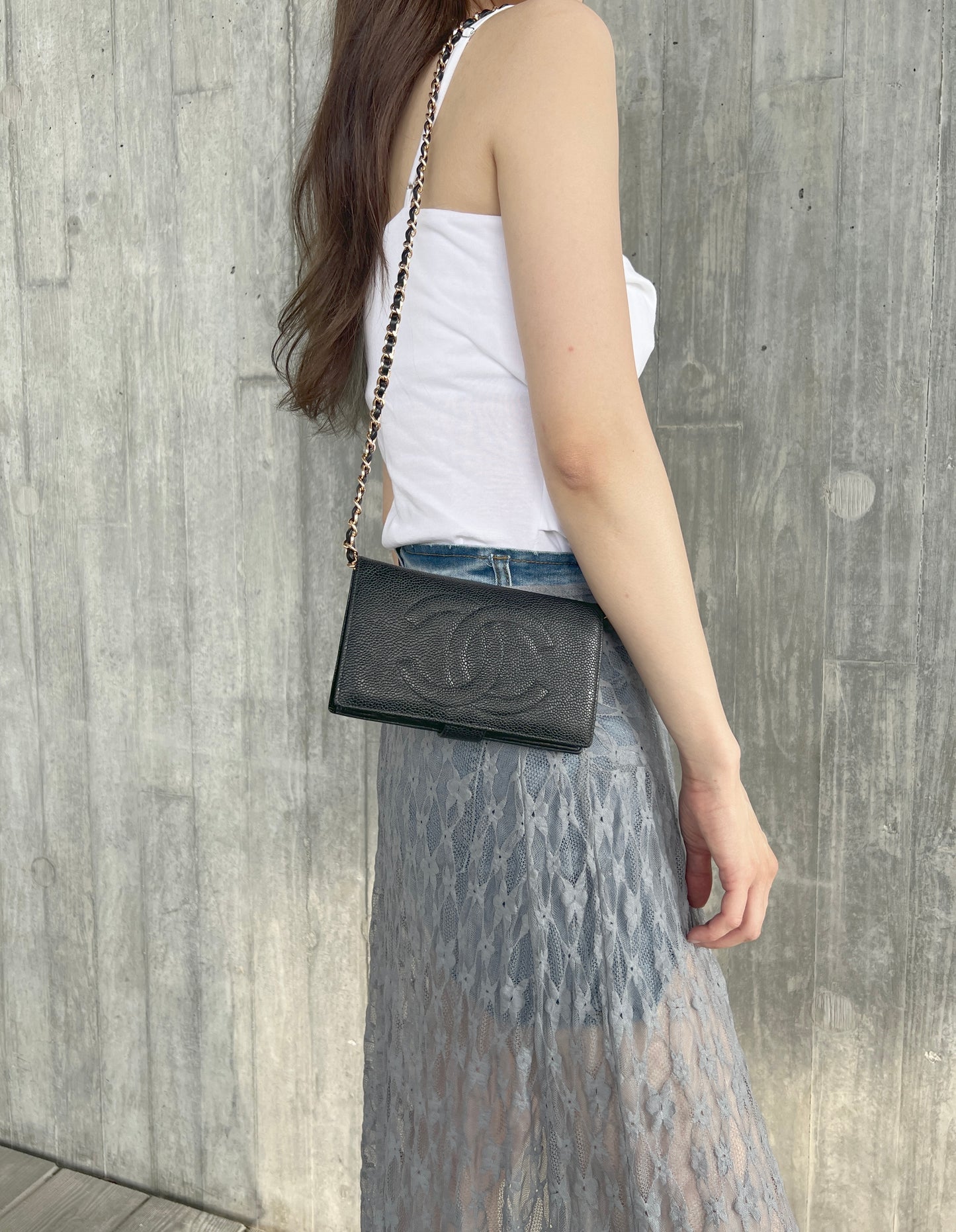 Chanel魚子醬牛皮長夾手提肩背斜肩袋 送肩帶 保證卡 原裝盒