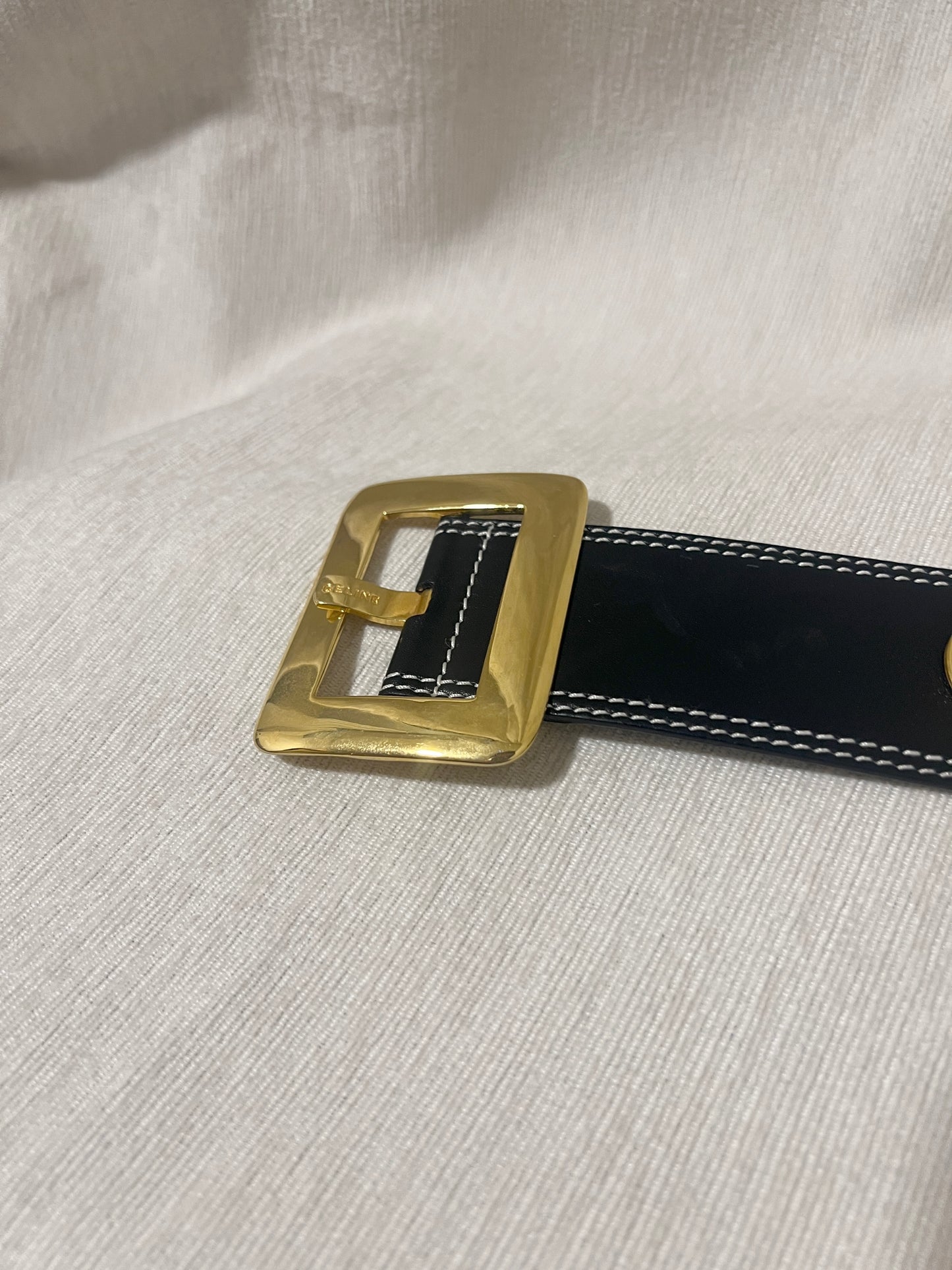 Celine稀有白色車線金球徽章深藍色粗皮帶腰帶 日本中古Vintage