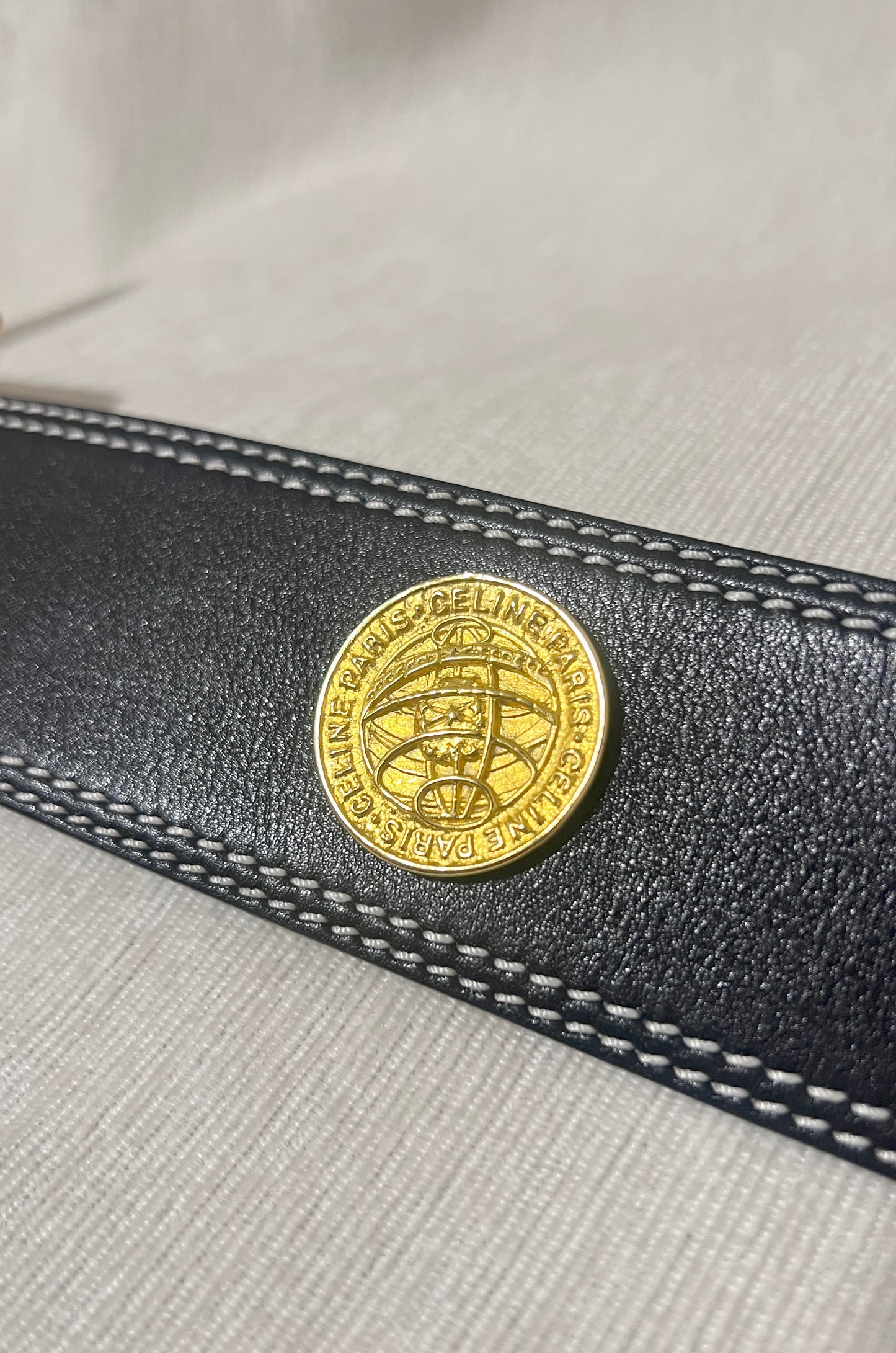 Celine稀有白色車線金球徽章深藍色粗皮帶腰帶 日本中古Vintage