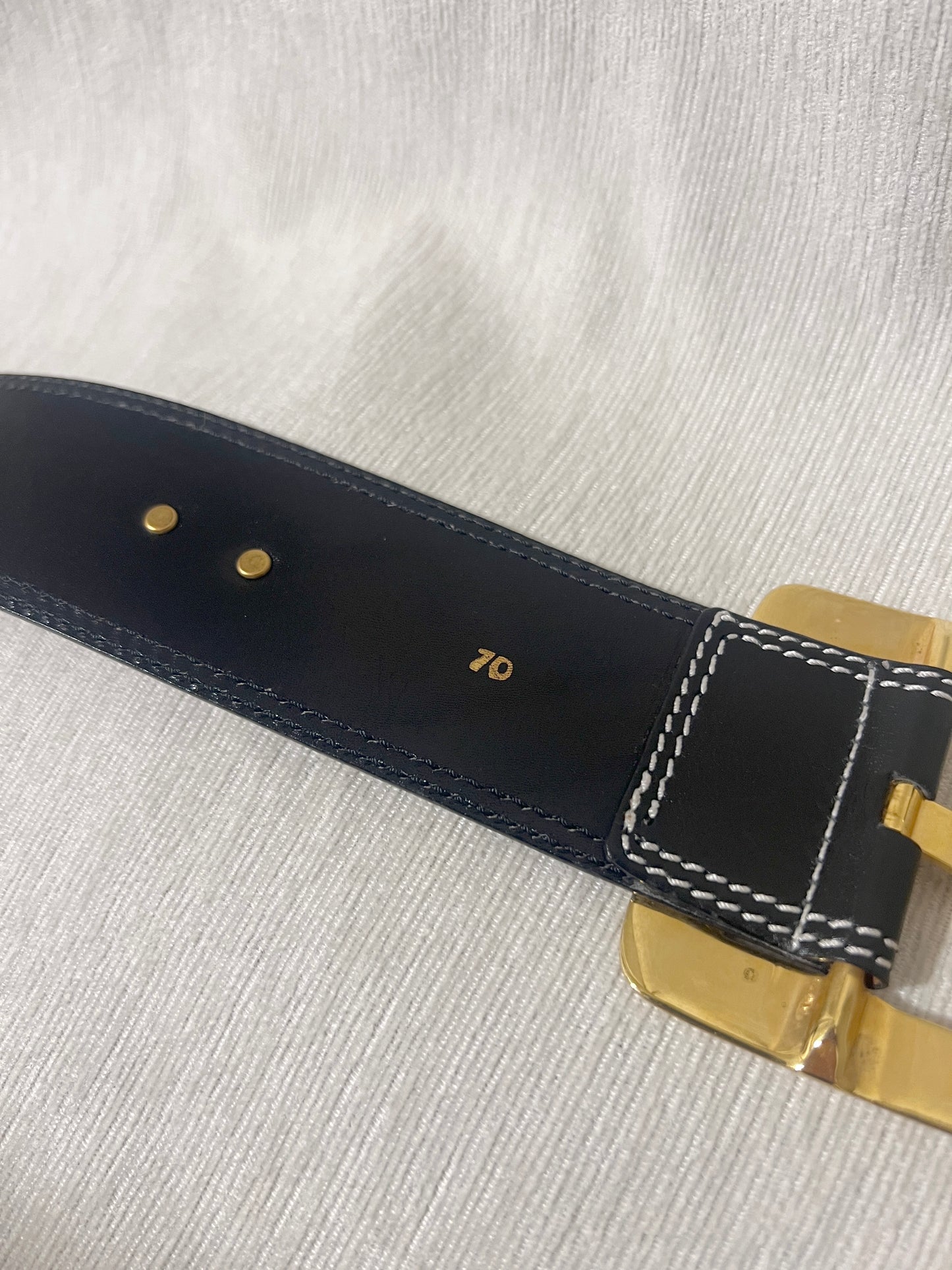 Celine稀有白色車線金球徽章深藍色粗皮帶腰帶 日本中古Vintage