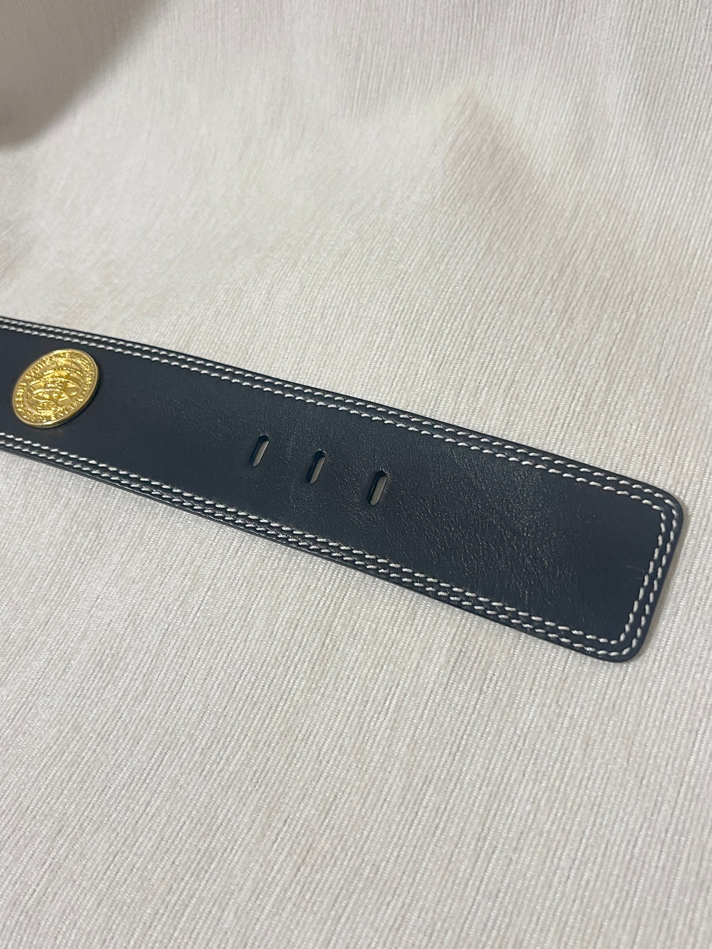 Celine稀有白色車線金球徽章深藍色粗皮帶腰帶 日本中古Vintage