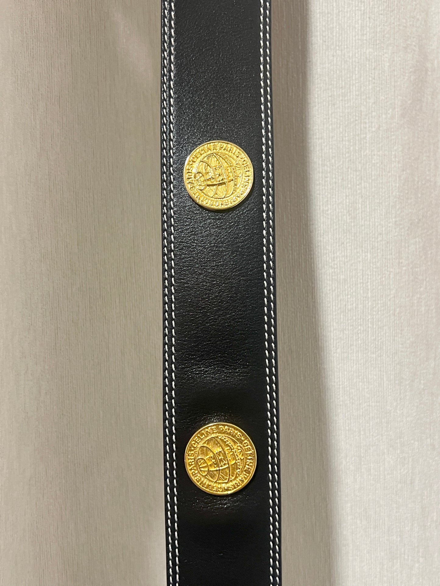 Celine稀有白色車線金球徽章深藍色粗皮帶腰帶 日本中古Vintage