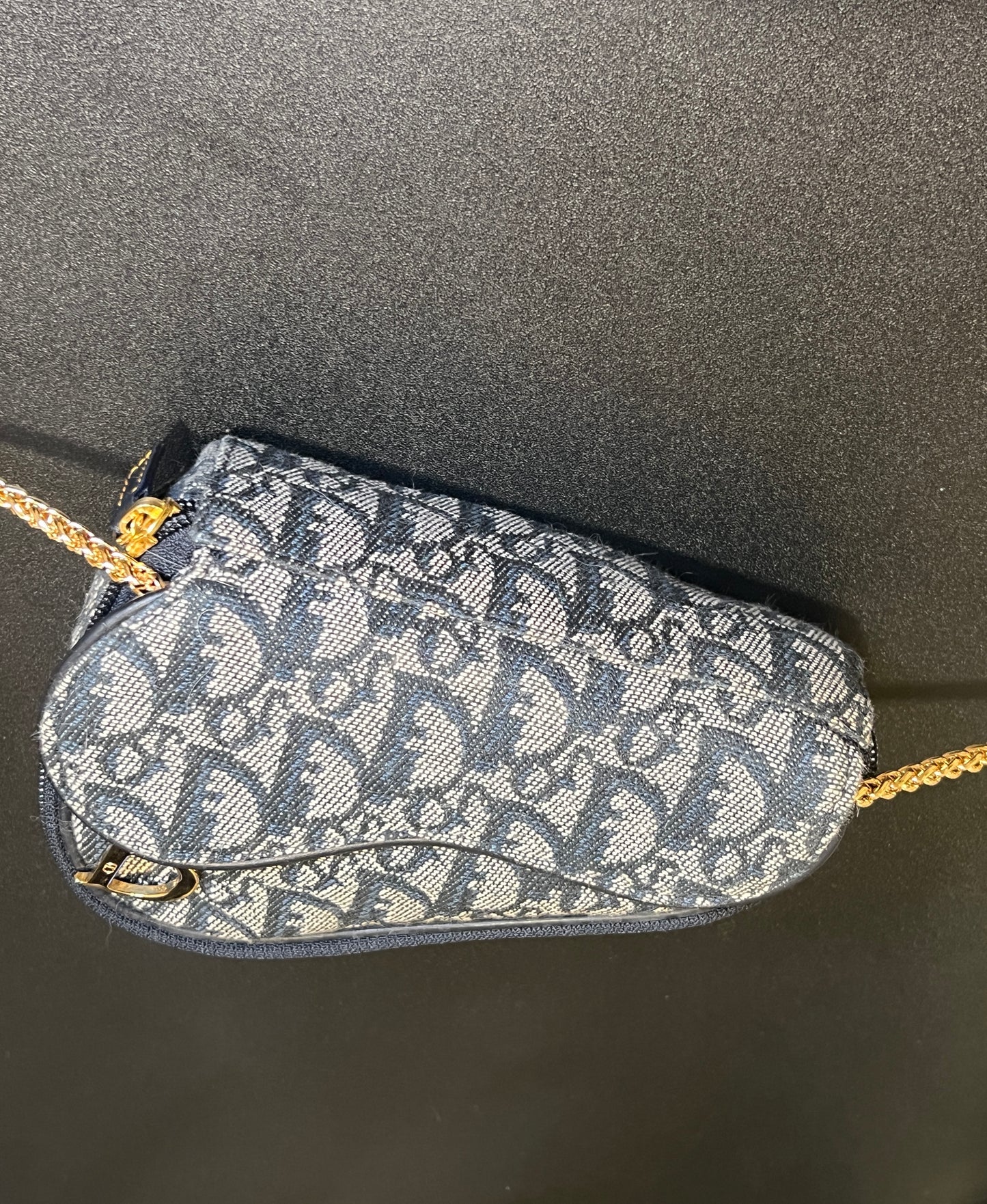 Dior深藍色馬鞍手拿包肩背側肩袋 贈金屬肩帶及珍珠吊飾 中古Vintage