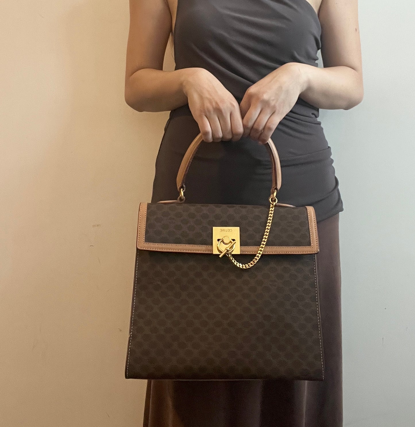 Celine Kelly凱旋門啡色手提包肩背側肩袋 送肩帶 中古vintage
