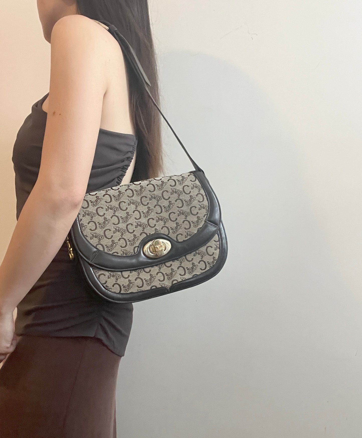 Celine 中古馬車扣啡色腋下包肩背側背斜背袋 日本vintage