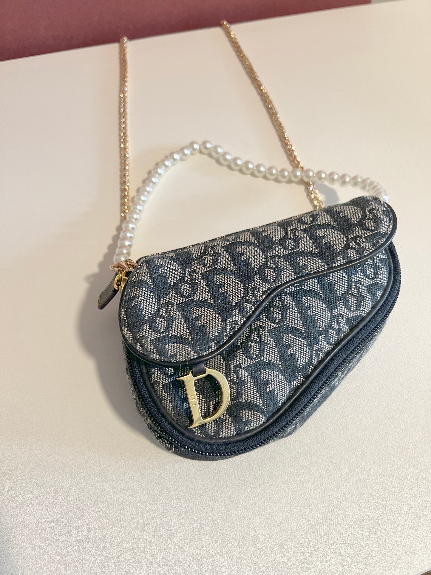 Dior深藍色馬鞍手拿包肩背側肩袋 贈金屬肩帶及珍珠吊飾 中古Vintage