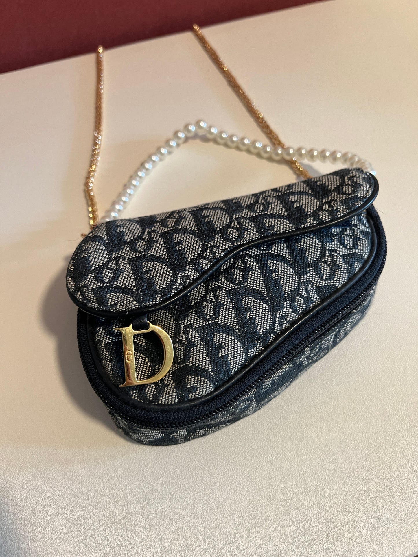 Dior深藍色馬鞍手拿包肩背側肩袋 贈金屬肩帶及珍珠吊飾 中古Vintage