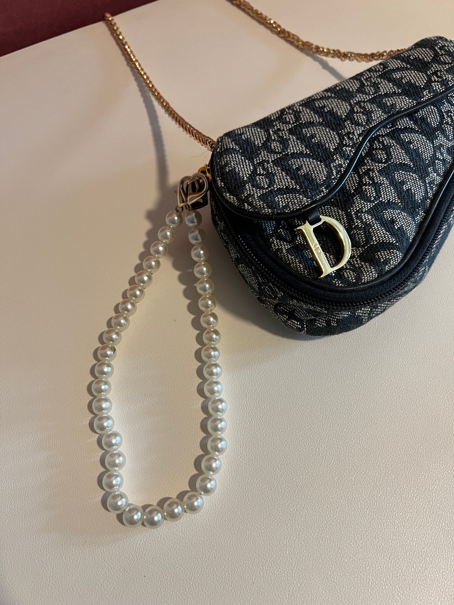 Dior深藍色馬鞍手拿包肩背側肩袋 贈金屬肩帶及珍珠吊飾 中古Vintage