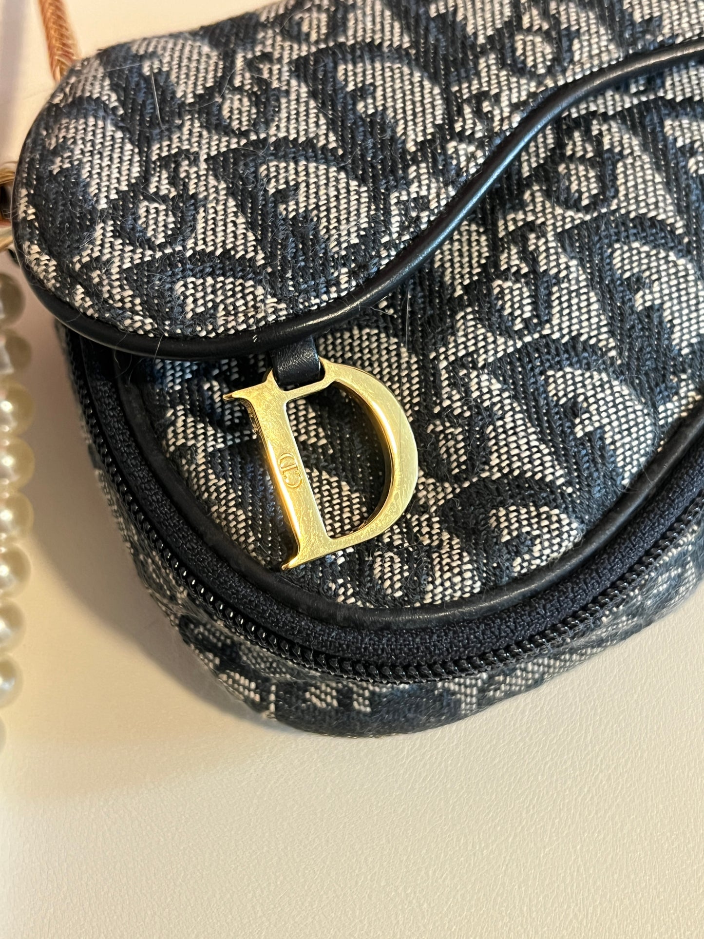 Dior深藍色馬鞍手拿包肩背側肩袋 贈金屬肩帶及珍珠吊飾 中古Vintage