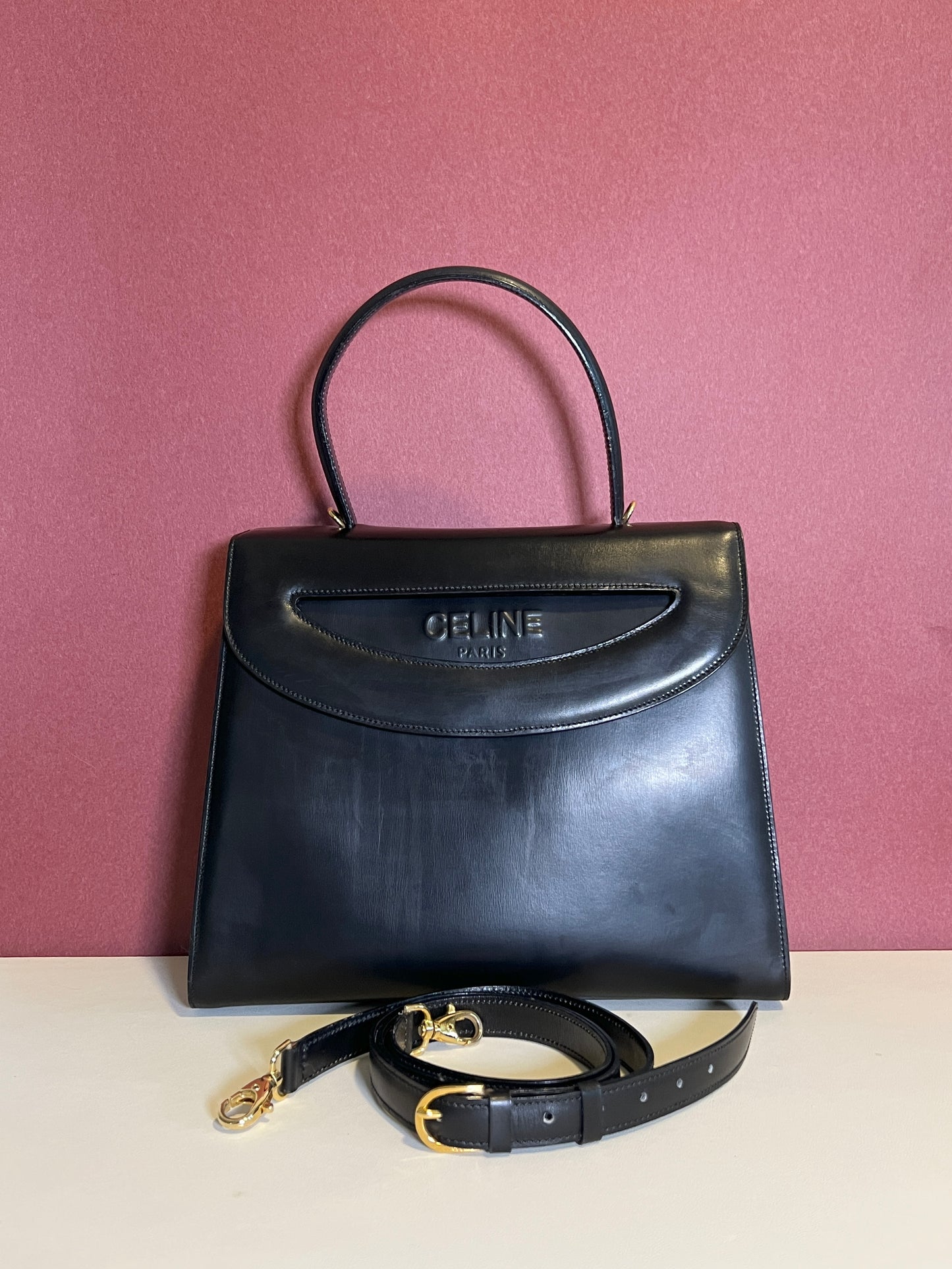 Celine席琳獨特開蓋設計黑色皮革中古手提袋肩背包 日本vintage