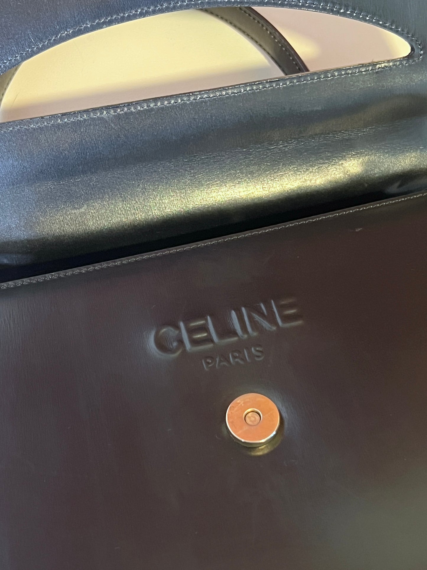 Celine席琳獨特開蓋設計黑色皮革中古手提袋肩背包 日本vintage
