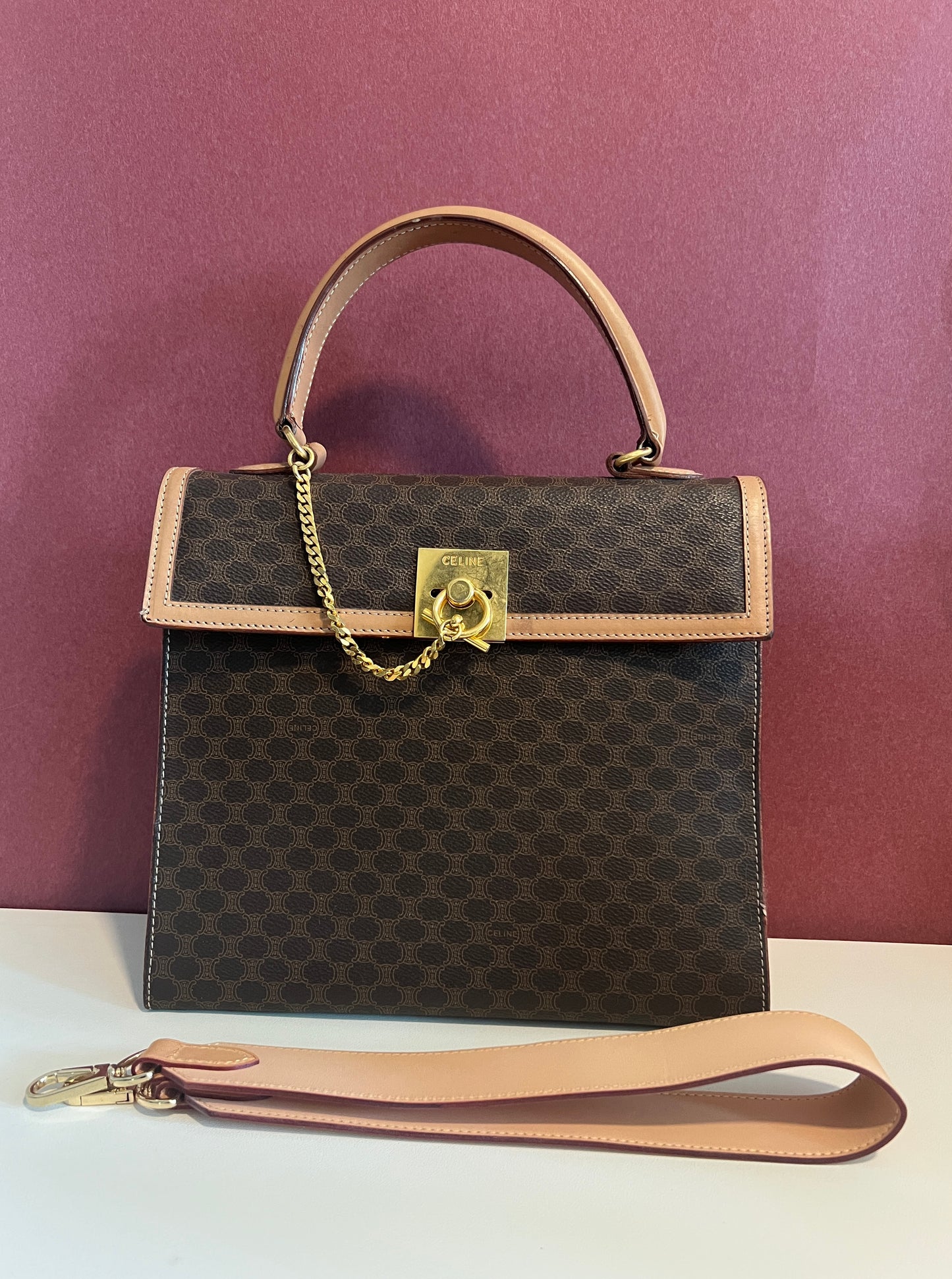 Celine Kelly凱旋門啡色手提包肩背側肩袋 送肩帶 中古vintage