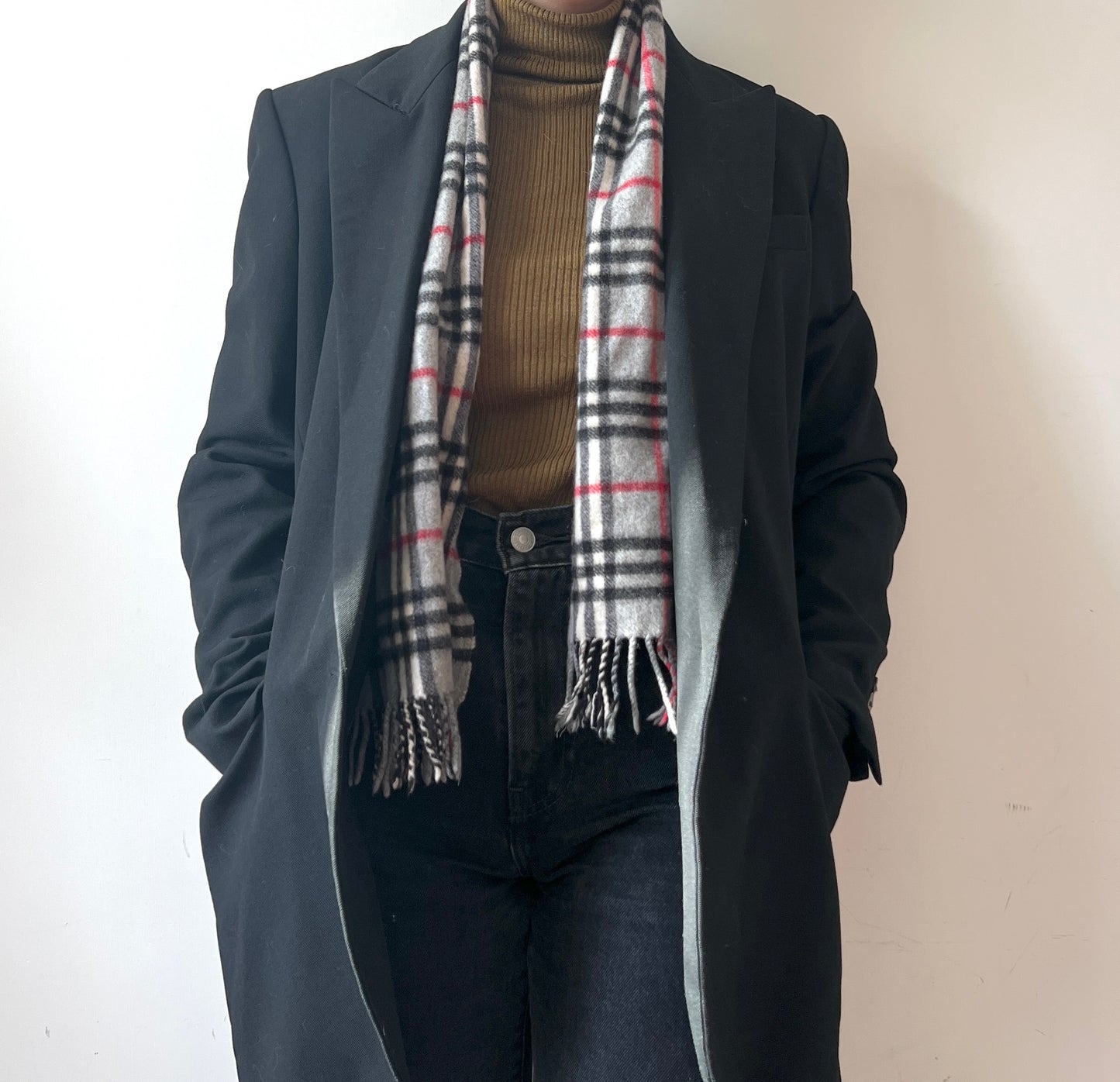 Burberry Scarf經典灰色格紋流蘇頸巾 全羊毛 日本中古Vintage