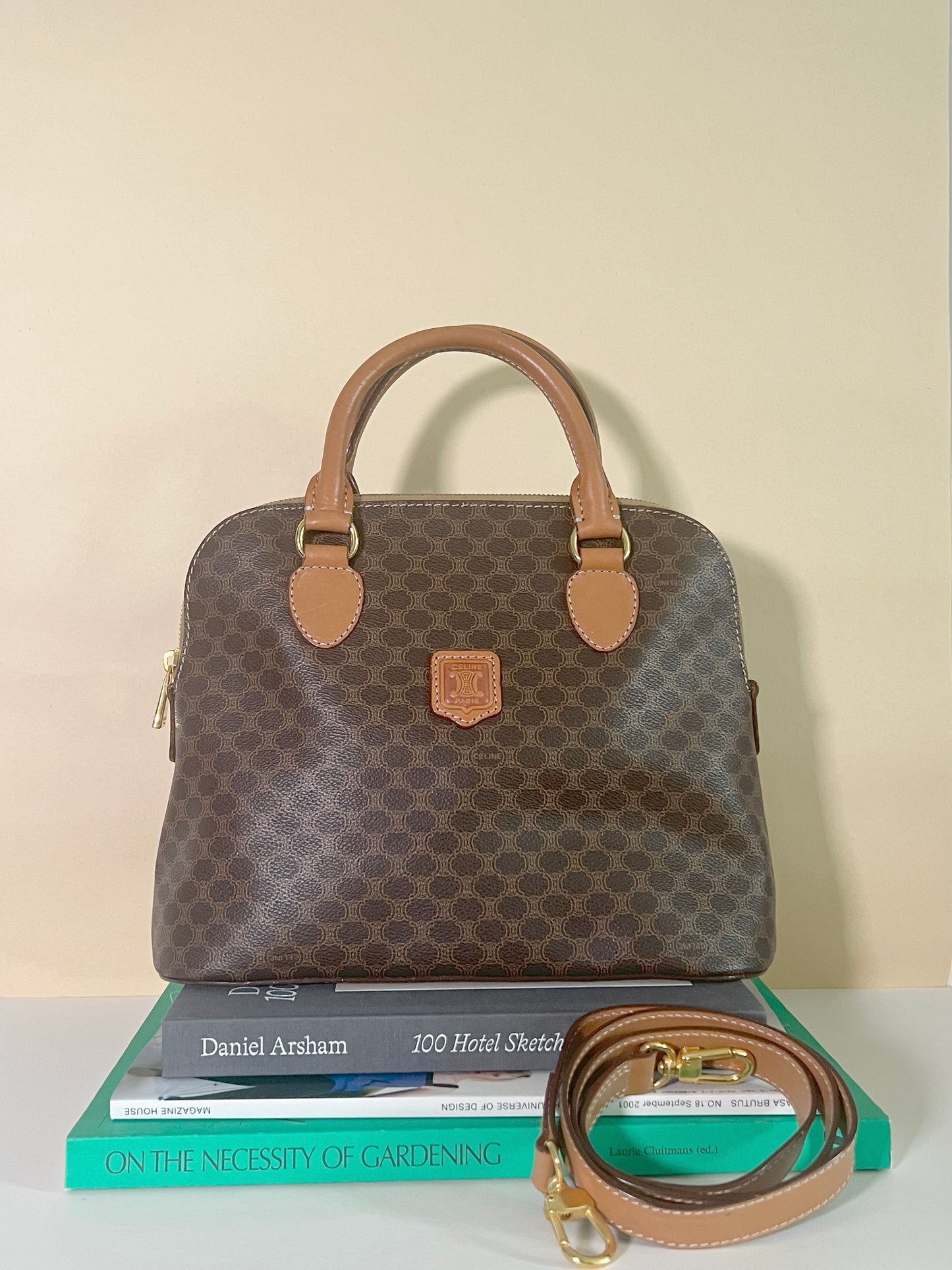 Celine絕版中古凱旋門啡色皮革貝殼包手提斜背包 原裝肩帶 日本Vintage