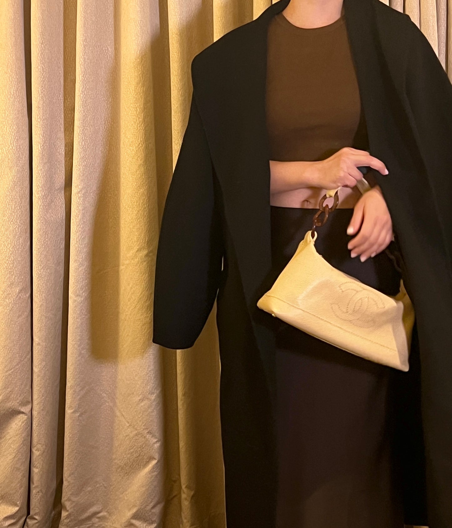Chanel hobo絕版稀有木連接米黃色手袋肩側背包 有貼