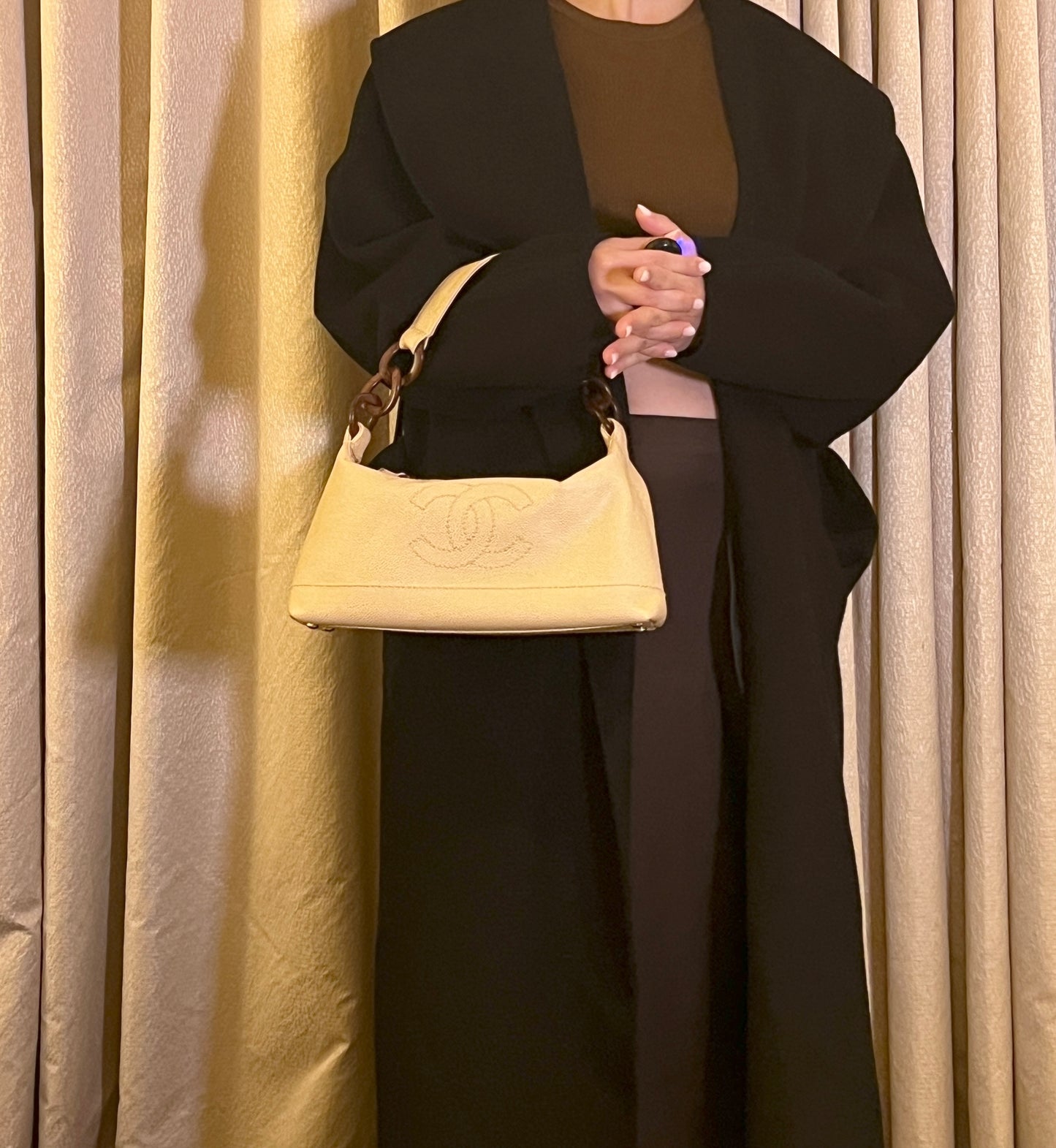 Chanel hobo絕版稀有木連接米黃色手袋肩側背包 有貼