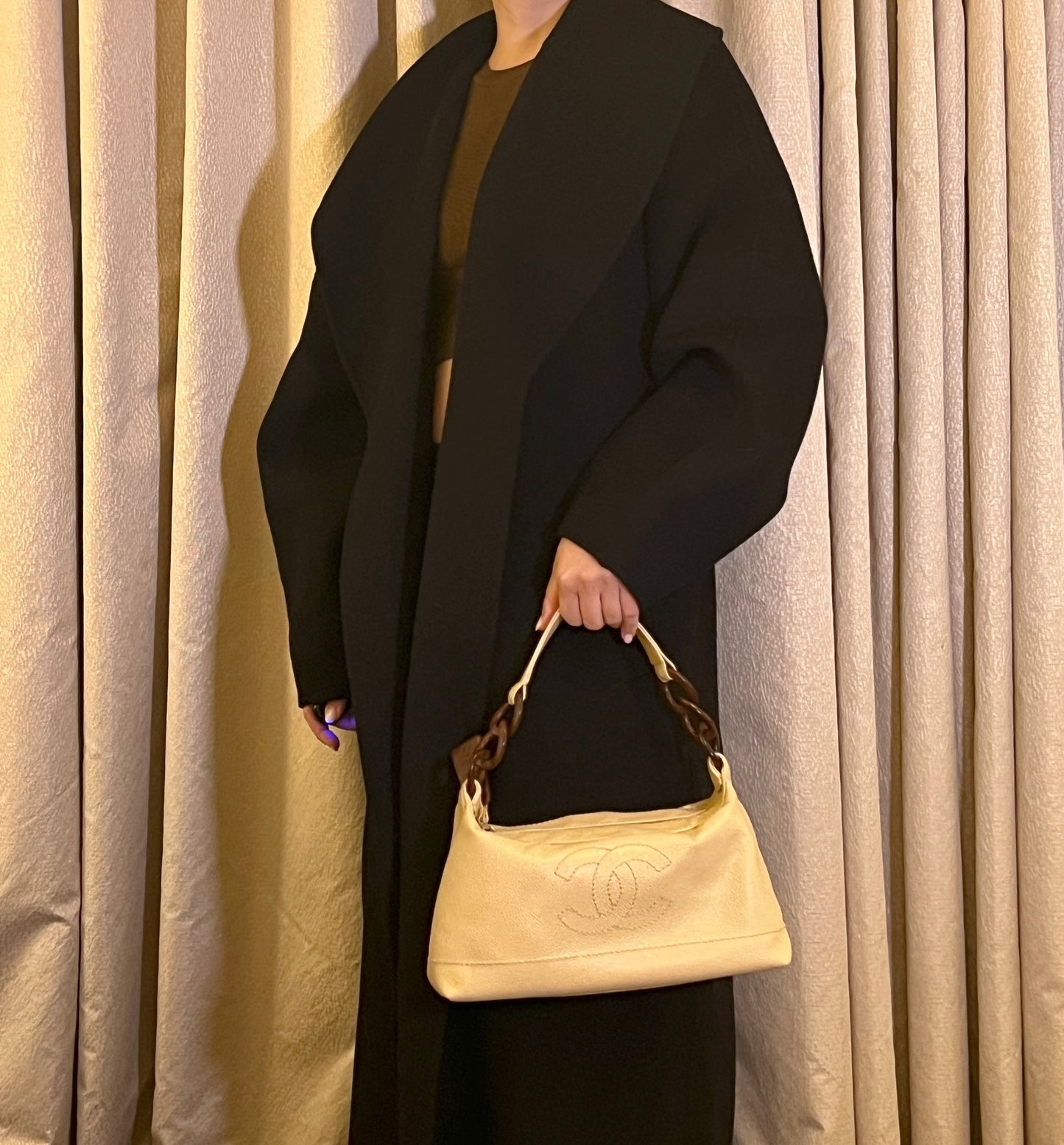 Chanel hobo絕版稀有木連接米黃色手袋肩側背包 有貼