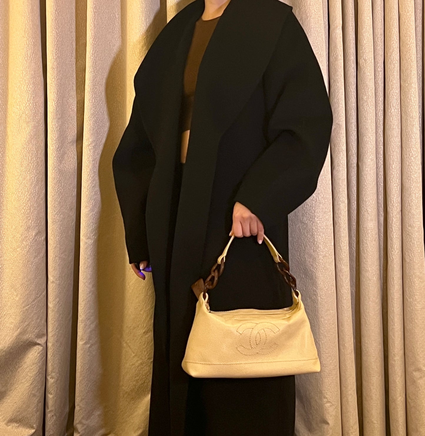 Chanel hobo絕版稀有木連接米黃色手袋肩側背包 有貼