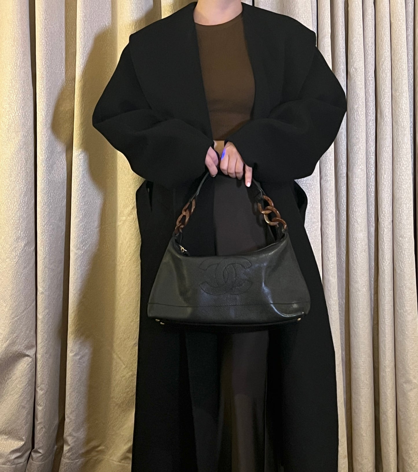 Chanel hobo木連接黑色手袋肩側背包 有卡貼 絕版稀有中古美品
