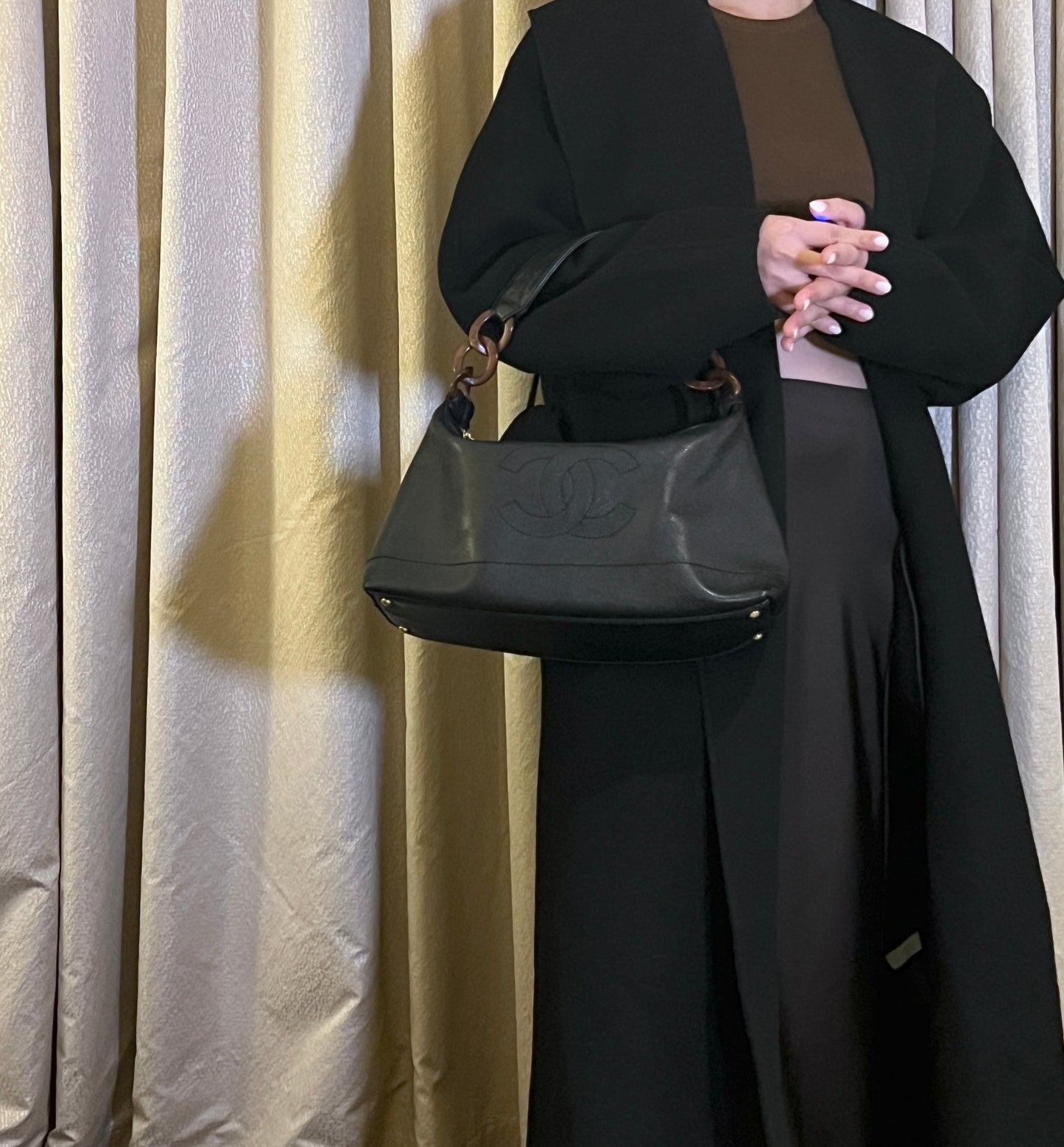 Chanel hobo木連接黑色手袋肩側背包 有卡貼 絕版稀有中古美品