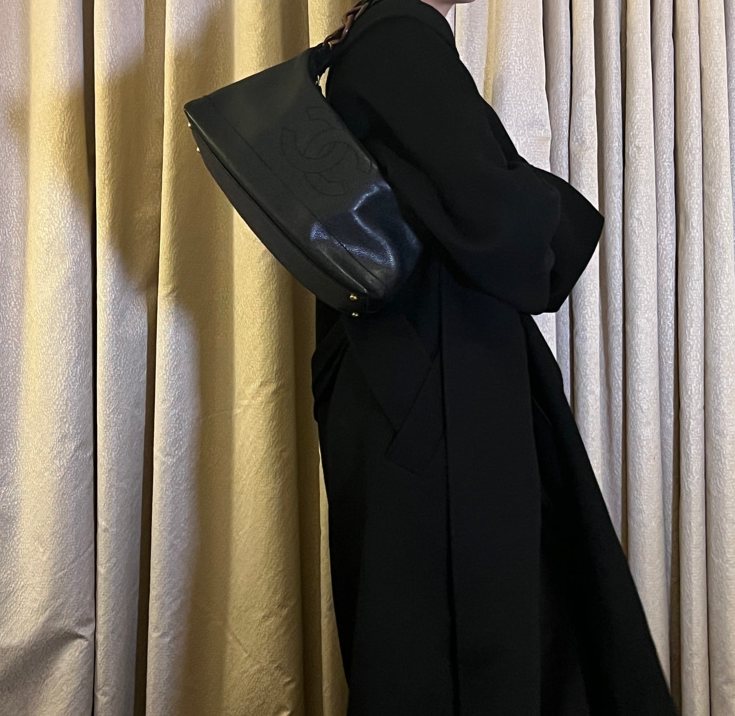 Chanel hobo木連接黑色手袋肩側背包 有卡貼 絕版稀有中古美品