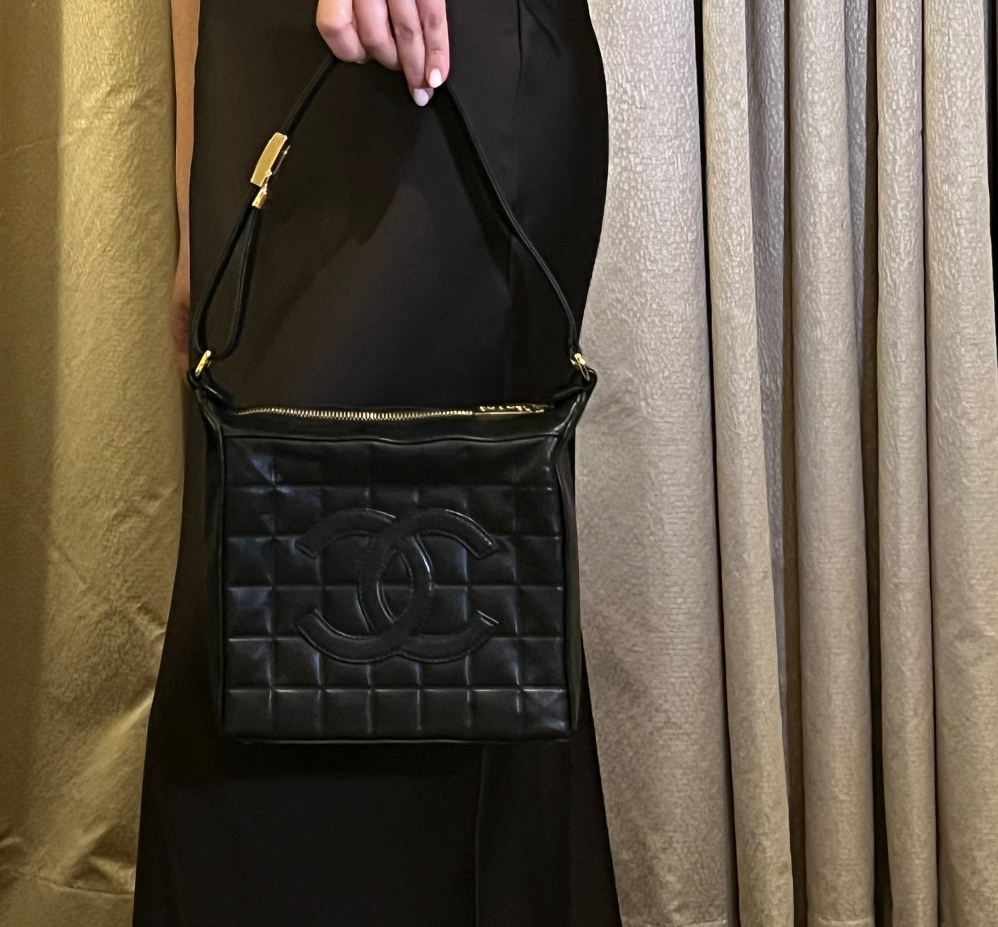 2000-2002 CHANEL中古黑色方形冰格肩背手提包 肩帶可調節 有貼