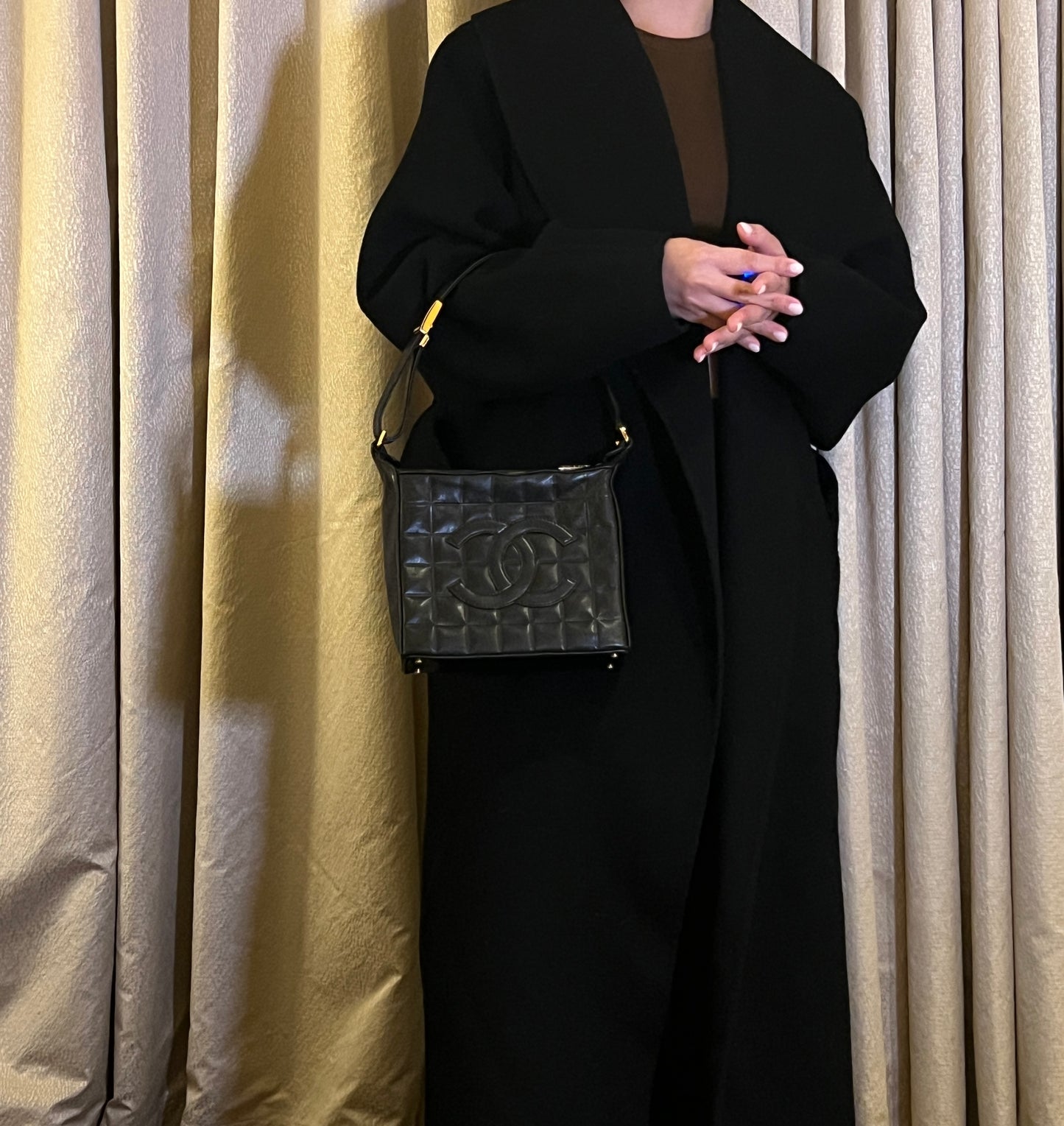 2000-2002 CHANEL中古黑色方形冰格肩背手提包 肩帶可調節 有貼
