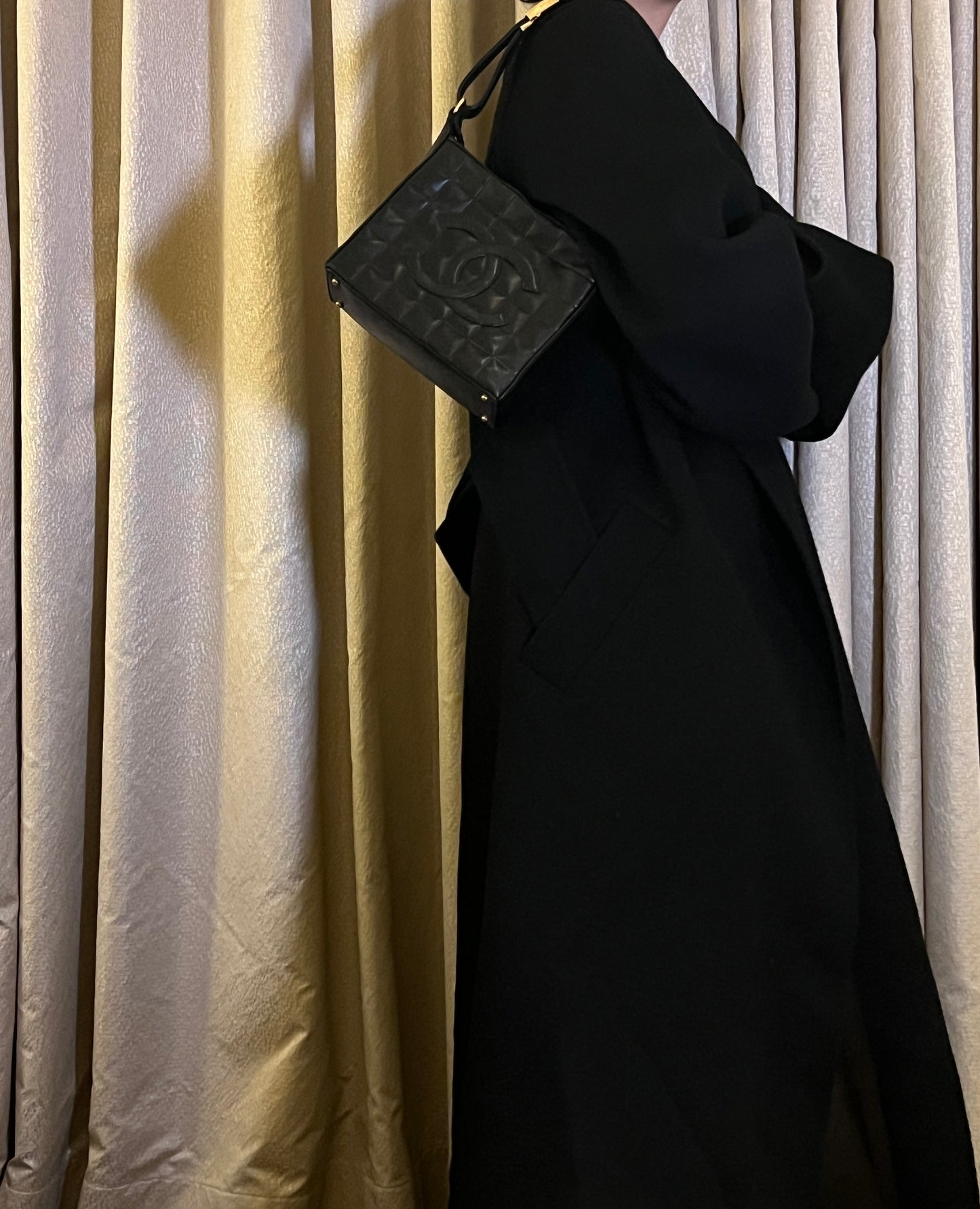 2000-2002 CHANEL中古黑色方形冰格肩背手提包 肩帶可調節 有貼