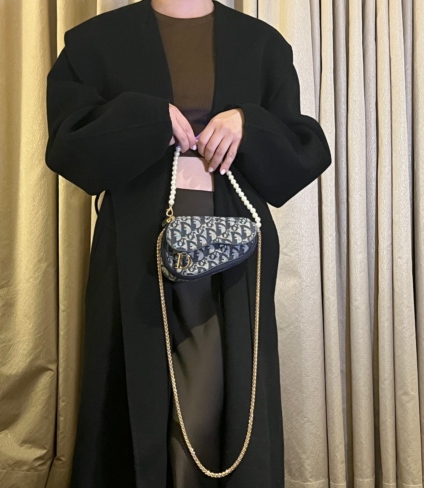 Dior Oblique Saddle藍色老花小馬鞍側背包 肩帶珍珠配飾手提鏈