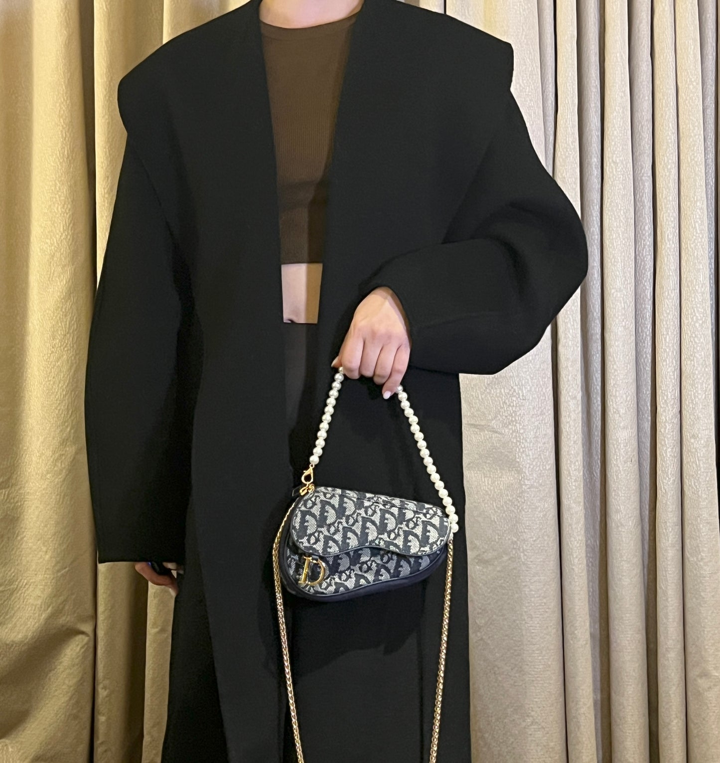 Dior Oblique Saddle藍色老花小馬鞍側背包 肩帶珍珠配飾手提鏈