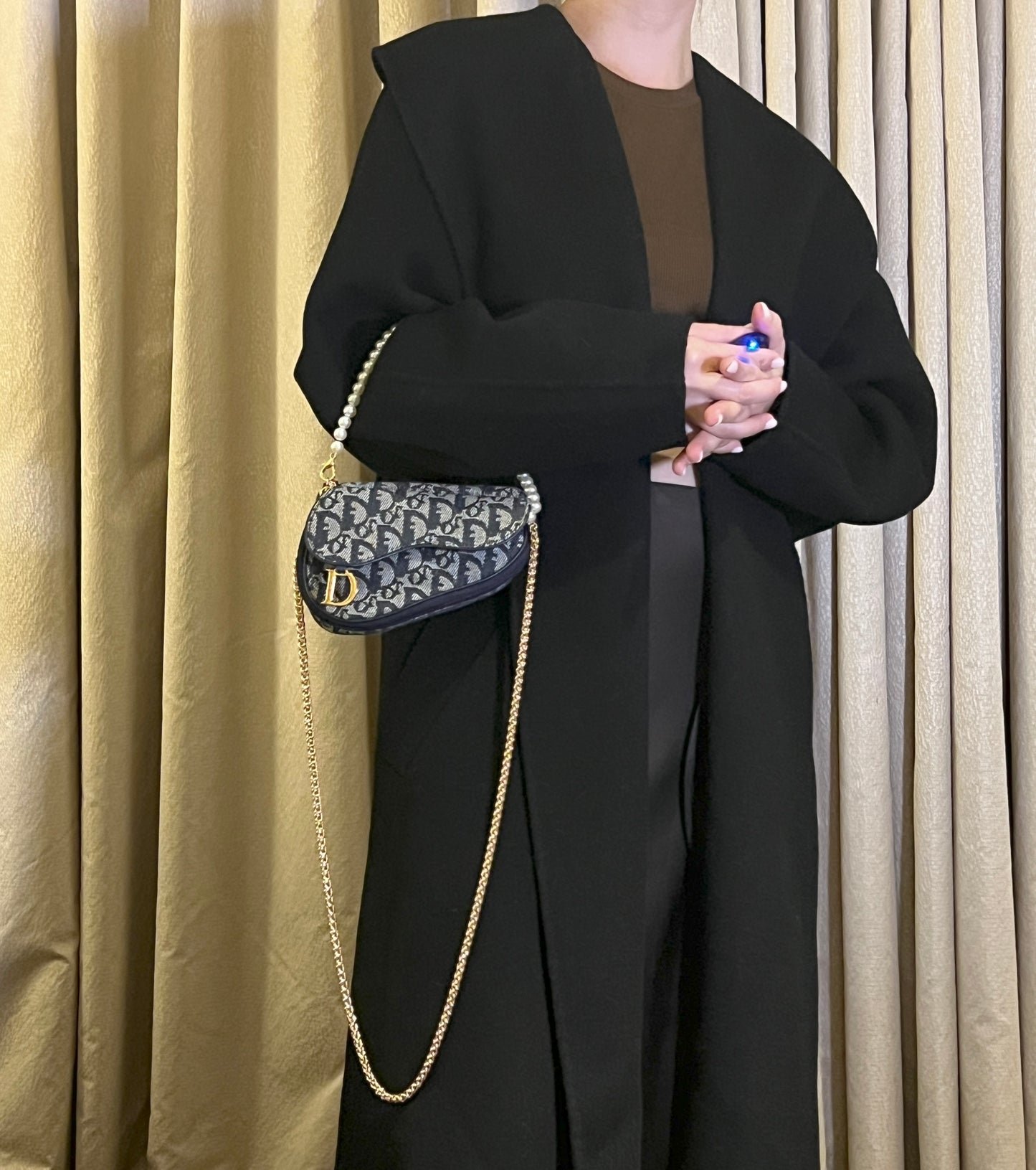 Dior Oblique Saddle藍色老花小馬鞍側背包 肩帶珍珠配飾手提鏈