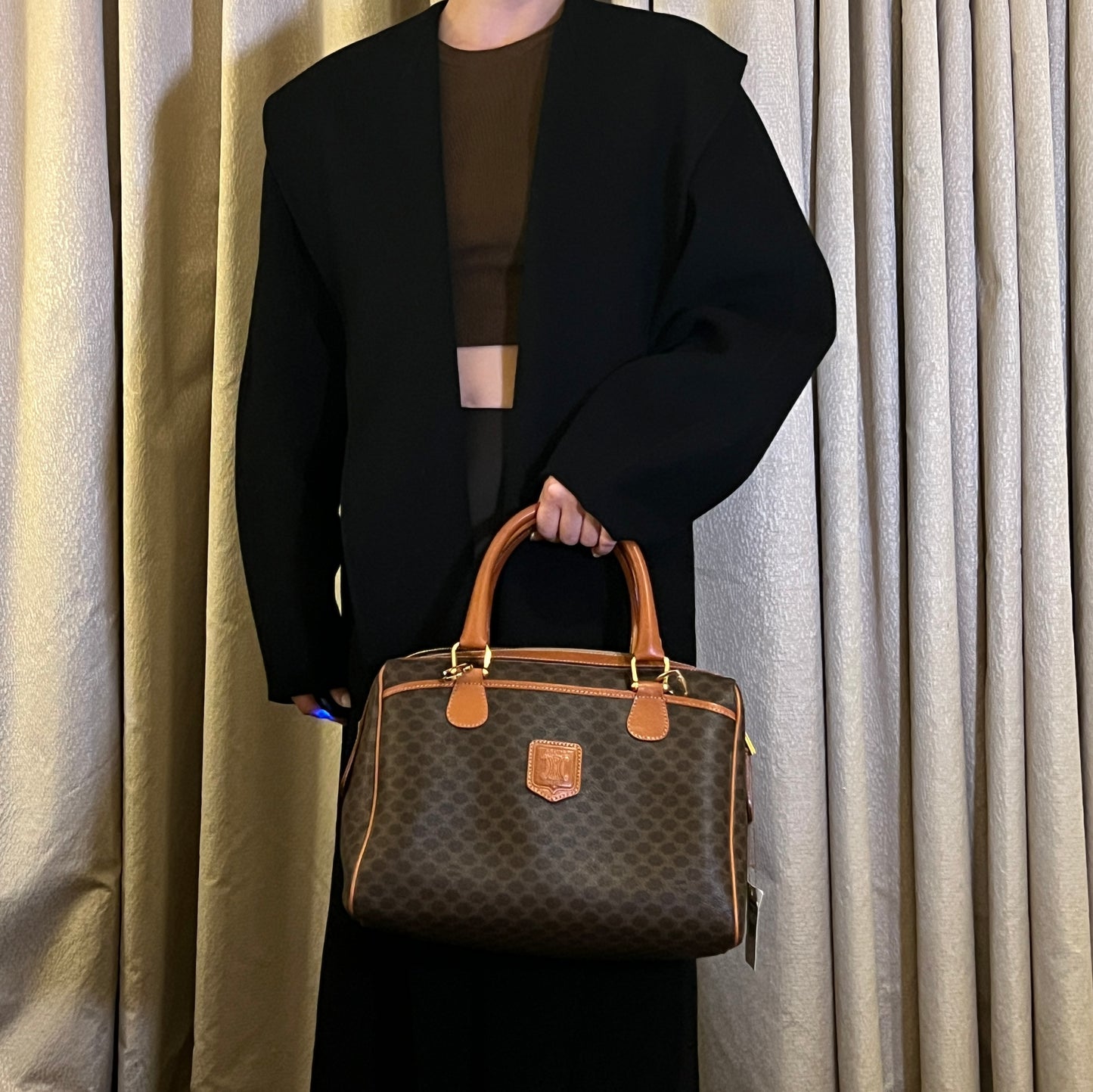 中古極美品 Celine凱旋門啡色波士頓手提袋側肩斜揹袋 送肩帶心形扣