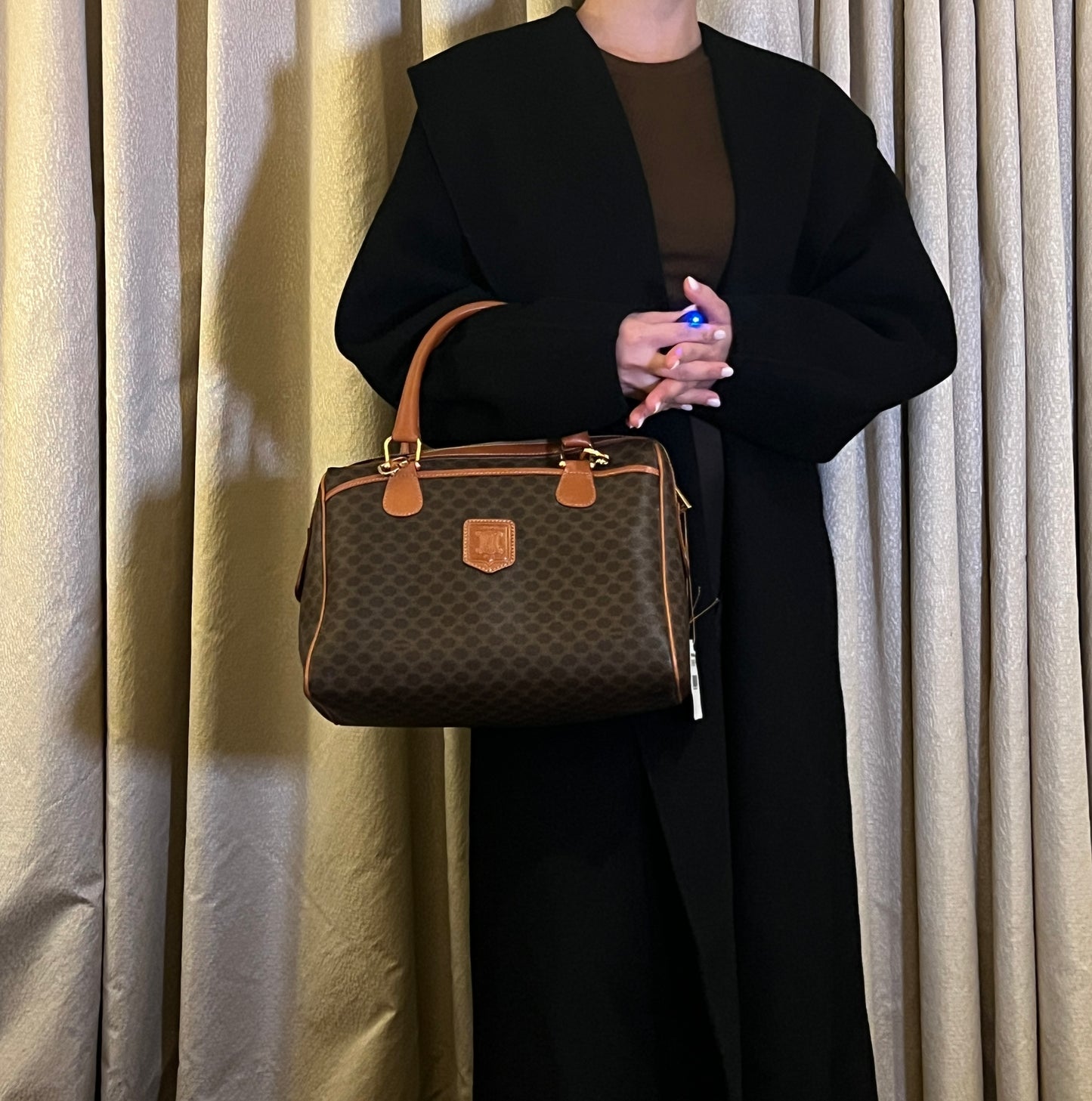中古極美品 Celine凱旋門啡色波士頓手提袋側肩斜揹袋 送肩帶心形扣