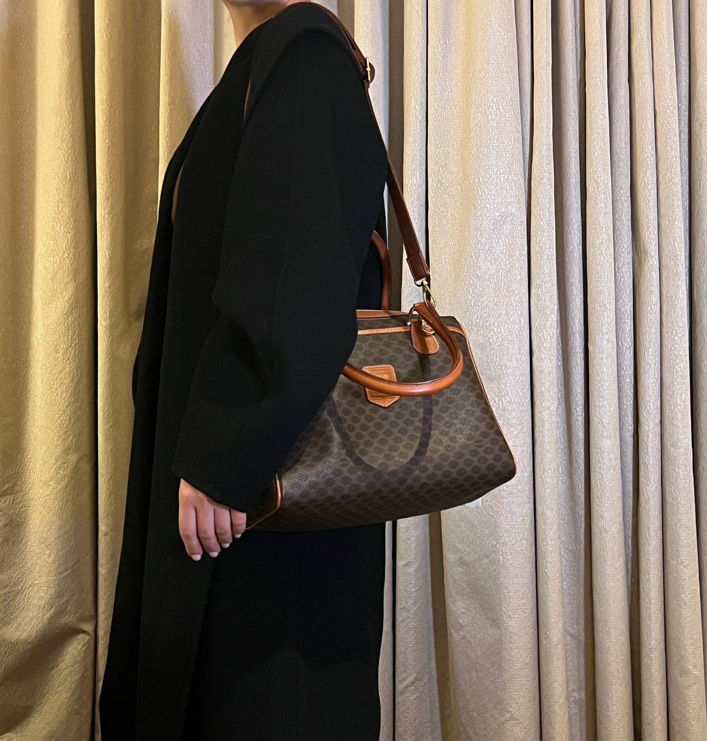 中古極美品 Celine凱旋門啡色波士頓手提袋側肩斜揹袋 送肩帶心形扣