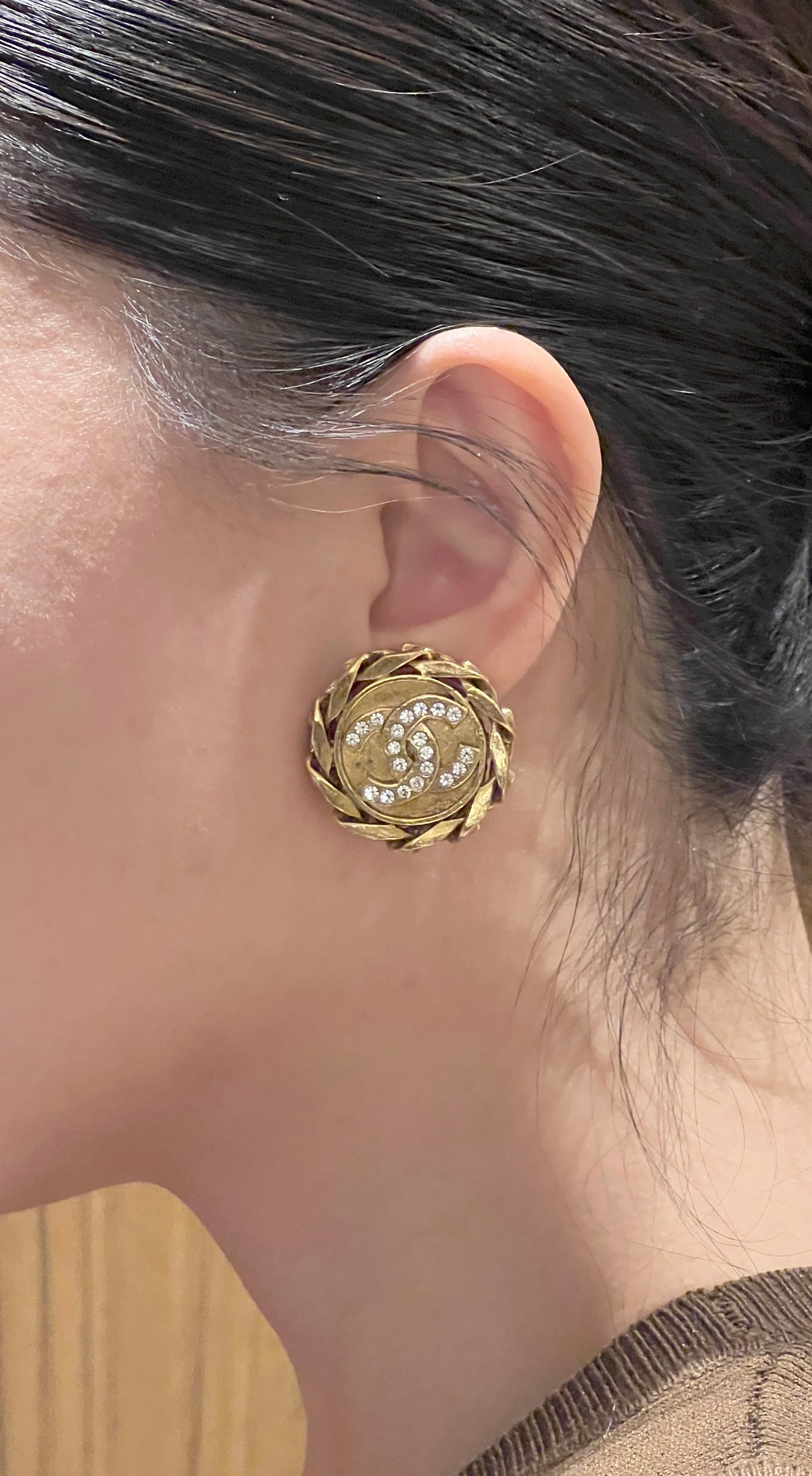 CHANEL clip-on earrings 金色水鑽鏈條耳夾 原裝盒 情人節禮物