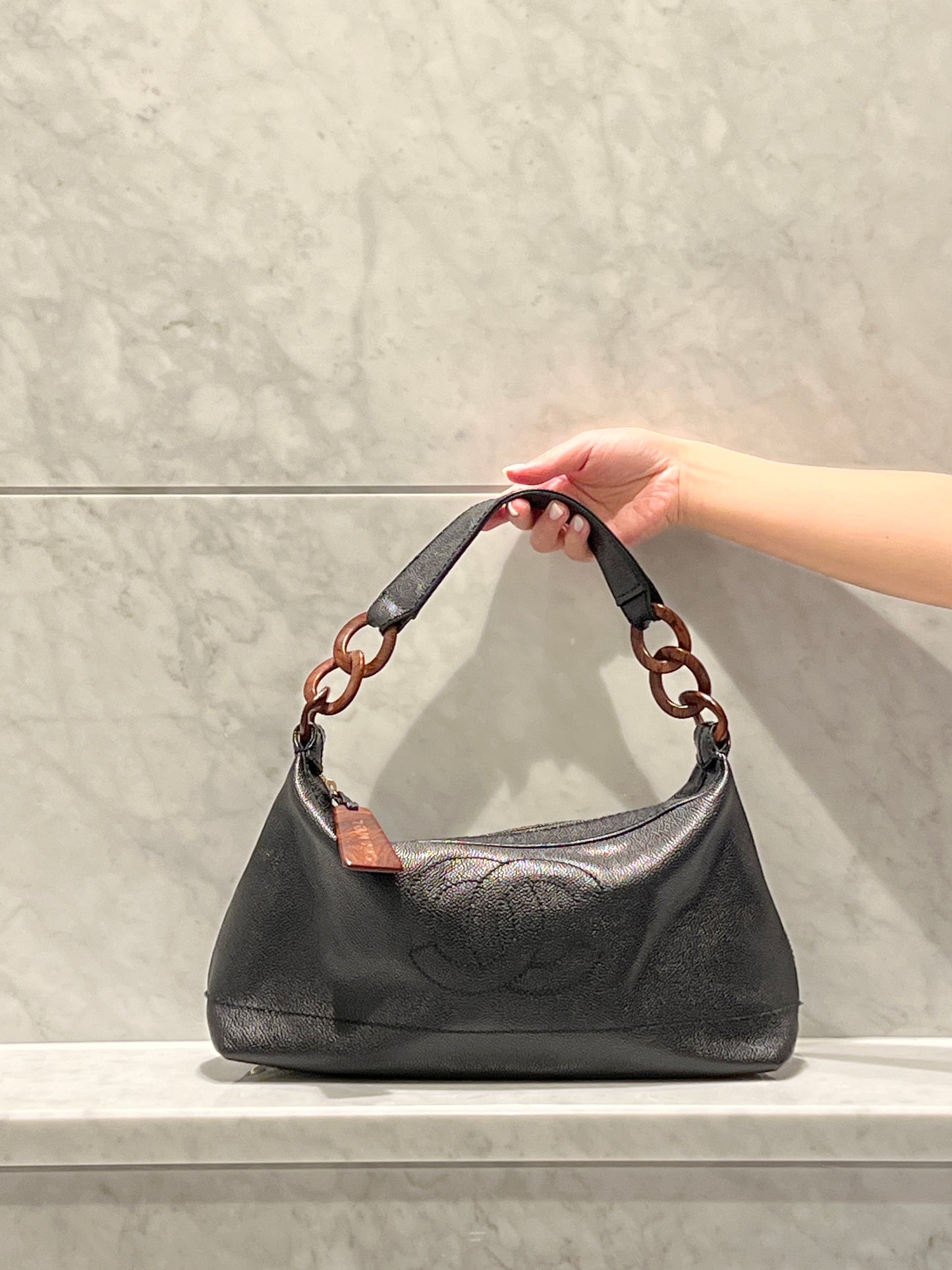 Chanel hobo木連接黑色手袋肩側背包 有卡貼 絕版稀有中古美品