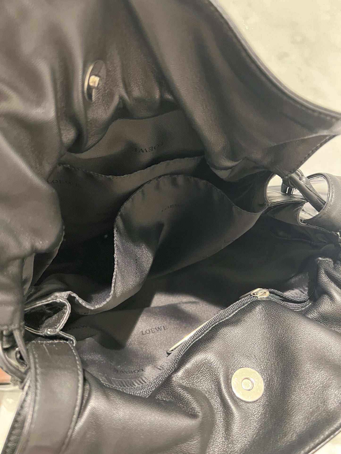 Loewe Flamenco黑色羊皮斜挎單肩束繩袋束口肩背包 日本中古美品