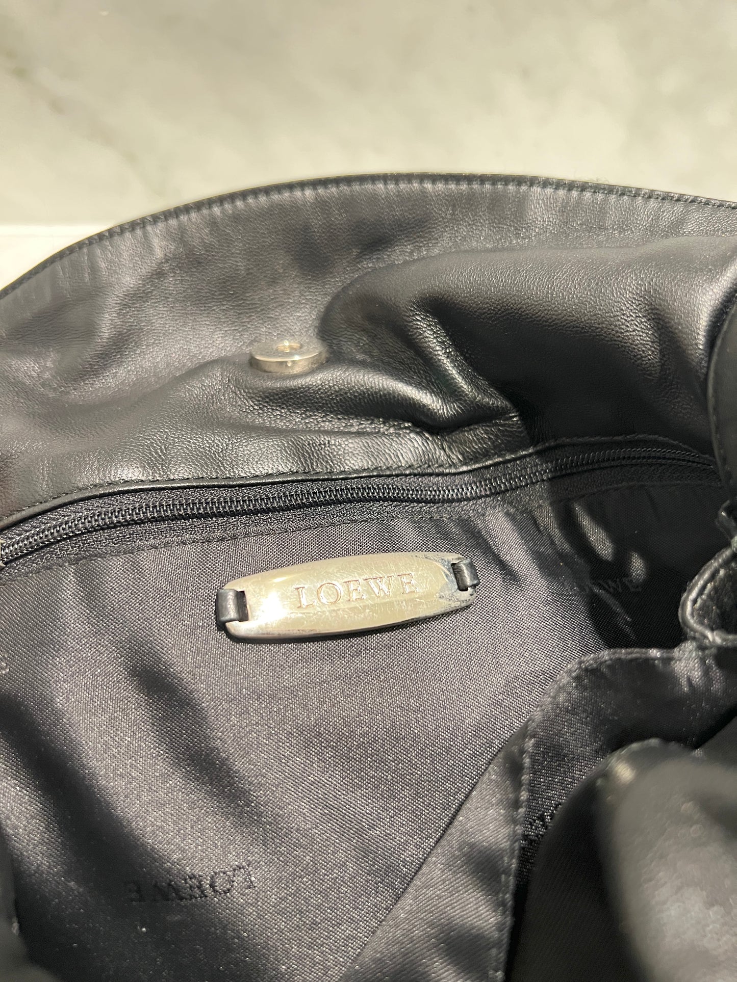 Loewe Flamenco黑色羊皮斜挎單肩束繩袋束口肩背包 日本中古美品