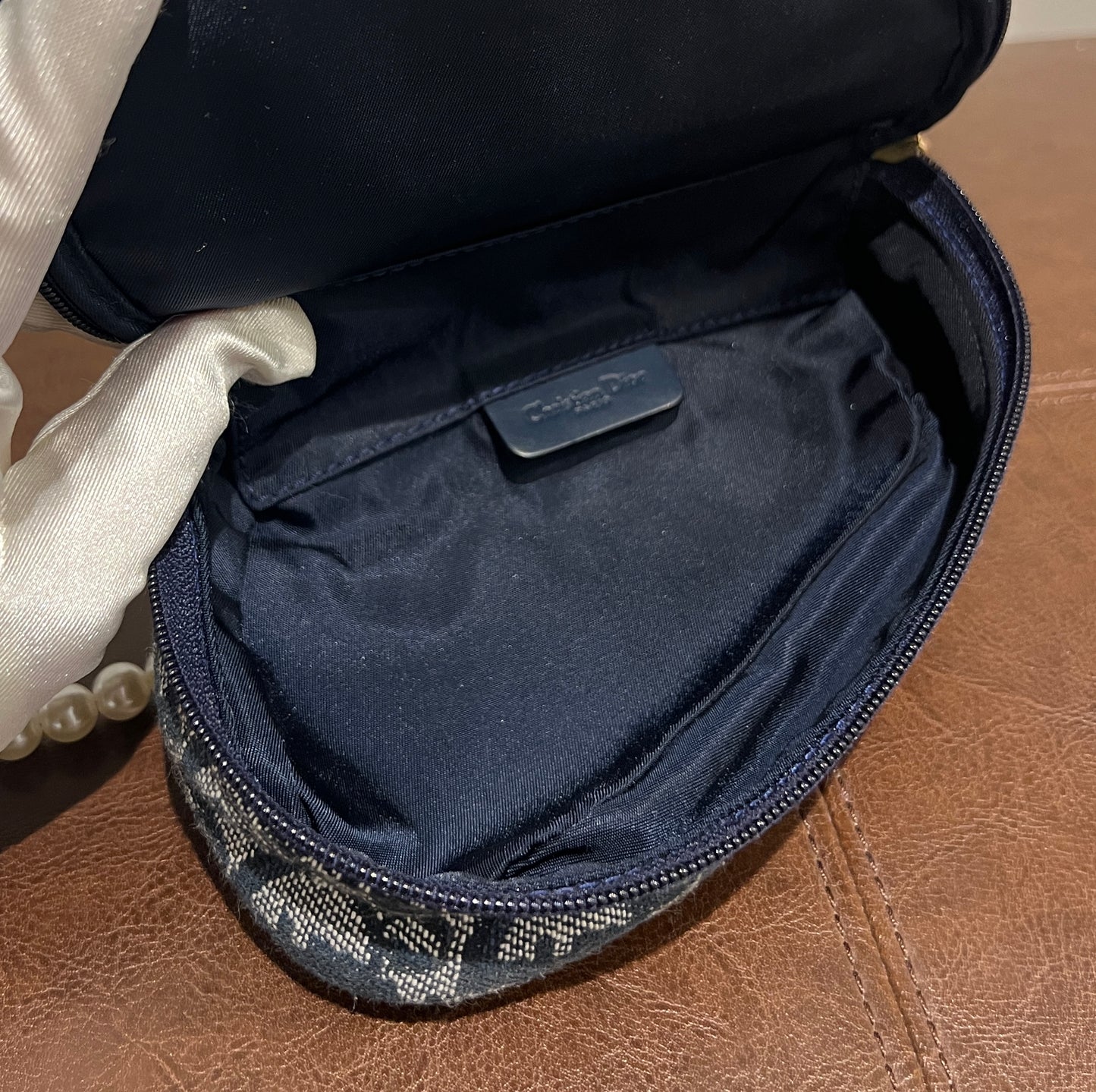Dior Oblique Saddle藍色老花小馬鞍側背包 肩帶珍珠配飾手提鏈