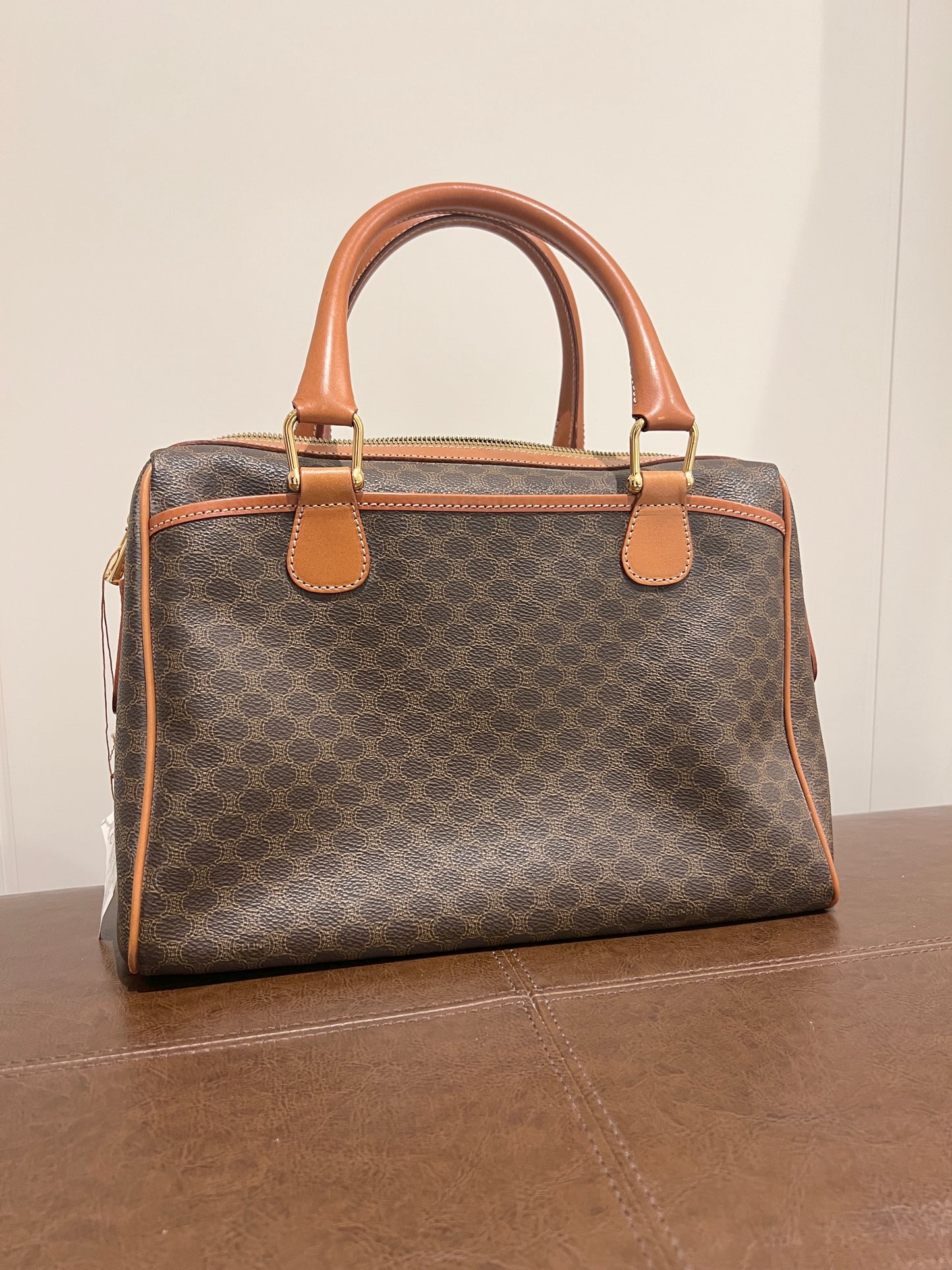 中古極美品 Celine凱旋門啡色波士頓手提袋側肩斜揹袋 送肩帶心形扣